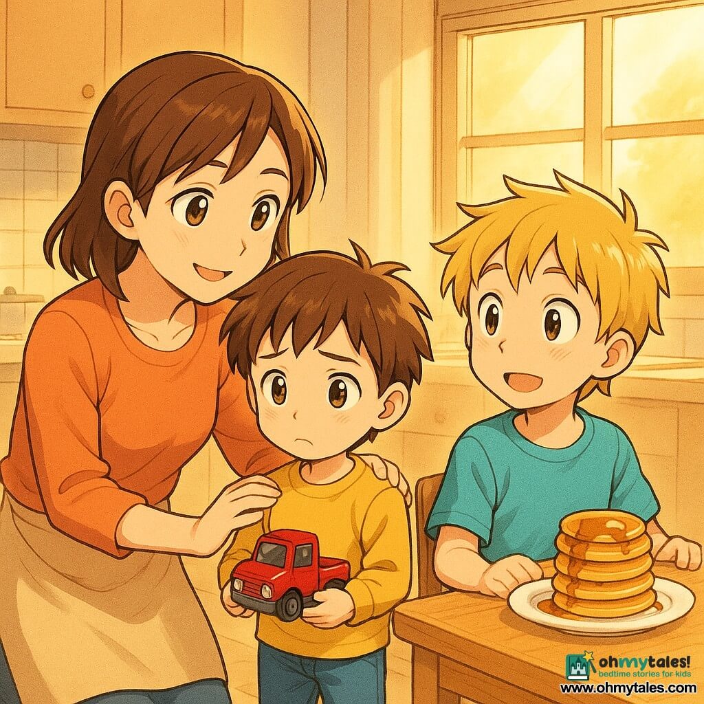 A 4-year-old boy, Sam, with tousled brown hair and curious eyes, stands in a bright kitchen. His face shows slight sadness but also gentle determination. He wears blue socks and holds a small red truck in his hands. Next to him, his 6-year-old brother Max, with blond hair and a mischievous smile, sits at the table. He has syrup on his chin and looks at Sam with surprise. Their mother, a woman with chestnut hair and kind eyes, kneels next to Sam, gently placing a hand on his shoulder. She smiles encouragingly. The kitchen is bathed in golden light, with a light wooden table covered in pancakes and syrup. A window lets in sunlight, warmly illuminating the scene. The main situation shows Sam using his words to express his emotions to Max, in a gentle and comforting atmosphere.