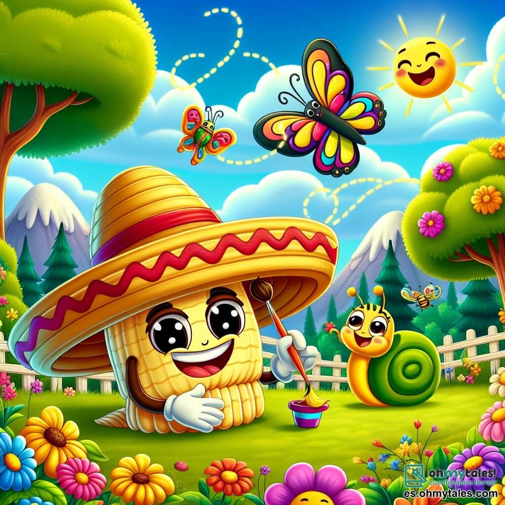 Sombrerito, un alegre sombrero de paja amarilla con una amplia banda roja, sonríe con entusiasmo, con los brazos abiertos, en el centro de un jardín colorido. Sus ojos brillan de alegría mientras se prepara para organizar una gran fiesta de primavera. A su lado, Maripi, una mariposa de alas multicolores, revolotea con emoción, sus ojos resplandecen de felicidad, mientras dibuja círculos en el aire. Un poco más lejos, Carlitos, un pequeño caracol verde con una concha rayada, mira a su alrededor con curiosidad, sonriendo, sosteniendo un pincel con sus pequeñas patas. Beatriz, una abeja de rayas doradas y negras, poliniza flores riendo, añadiendo un toque de magia a la escena. El jardín es un verdadero cuadro viviente, lleno de flores brillantes de todos los colores, árboles majestuosos y un cielo azul claro salpicado de nubes blancas y esponjosas. En el corazón de esta ilustración, Sombrerito y sus amigos se preparan con entusiasmo para la fiesta, rodeados de la belleza primaveral que los inspira.