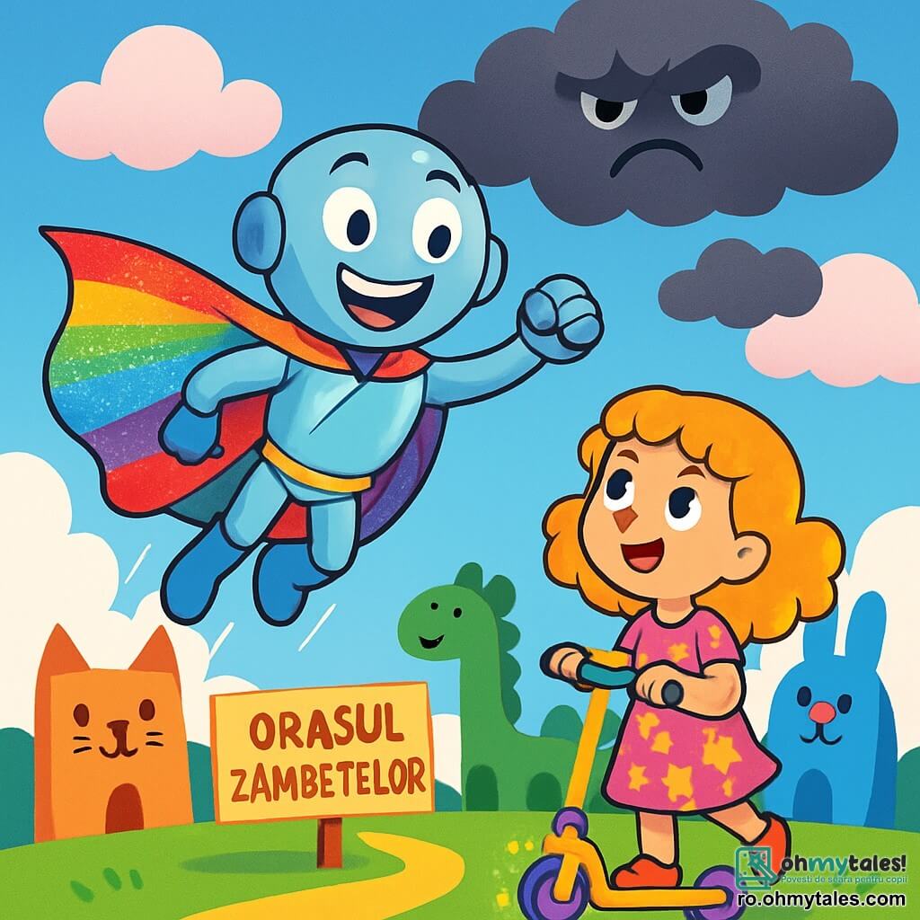 Super-Robo, un bărbat cu un corp argintiu strălucitor și ochi sclipitori, plutește în aer cu un zâmbet mare pe față. Poartă o pelerină multicoloră care strălucește sub soare. Lângă el, o fetiță de 7 ani, pe nume Lila, cu părul buclat și auriu, se uită cu uimire, ținând o trotinetă luminoasă. Poartă o rochie roz cu stele și pare încântată. Scena se desfășoară în orașul magic Orașul Zâmbetelor, unde clădirile au forme de animale colorate și norii sunt pufoși ca vata de zahăr. Cerul este de un albastru strălucitor, dar un nor mare și gri amenințător plutește deasupra, întunecând atmosfera veselă. Super-Robo și Lila se pregătesc să înfrunte norul gri care a furat râsetele copiilor, hotărâți să aducă bucuria în orașul lor.