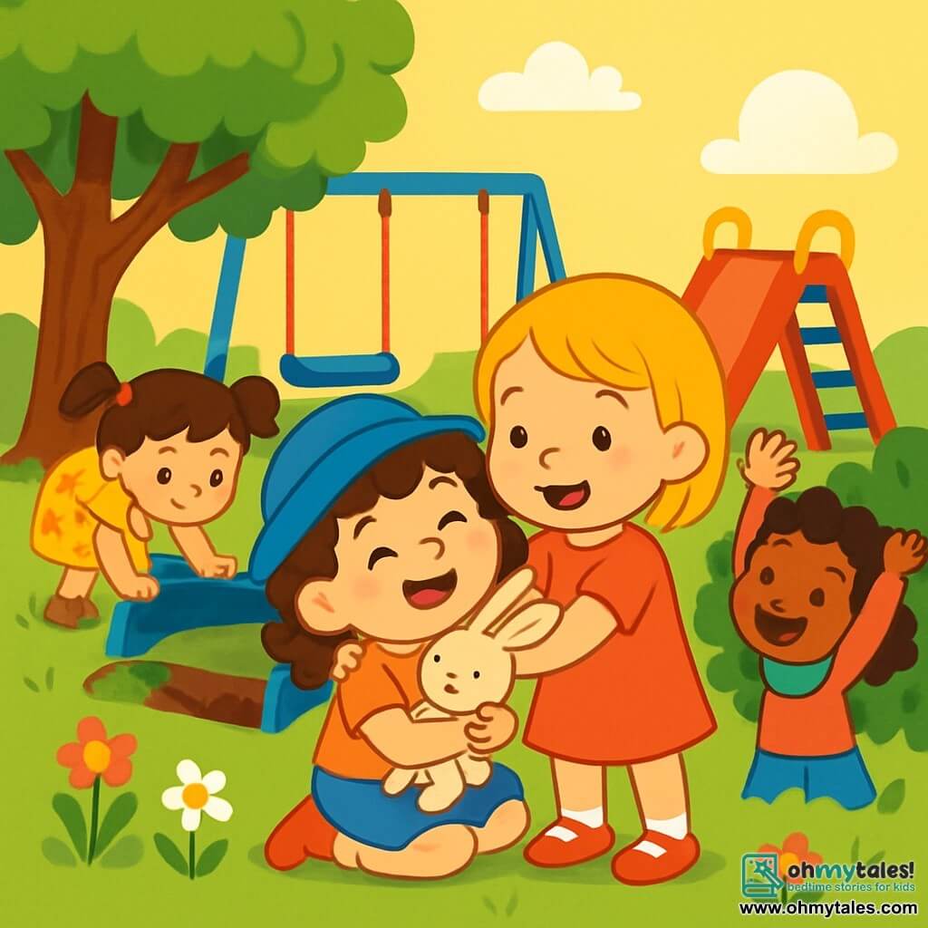 There are 4 children: Mia, a 6-year-old girl with curly brown hair wearing a blue hat, sitting on the grass holding her little stuffed rabbit with a joyful smile; Ruby, a 5-year-old girl with straight blonde hair in shiny red shoes, standing next to Mia giving her a comforting hug; Emma, a 6-year-old girl with brown hair in pigtails wearing a yellow floral dress, crouching near the swing looking curiously under the bench; and Zoe, a 5-year-old girl with curly black hair wearing a green scarf, standing by a bush with her arms raised and a big smile as if she just found something precious. The scene takes place in a sunny park with a large tree, colorful swings, and a red slide, surrounded by soft green grass and multicolored flowers. The main situation shows the four friends searching for Mia's lost rabbit, joyful and united, with expressions of enthusiasm and friendship, ready to help each other find the precious toy.