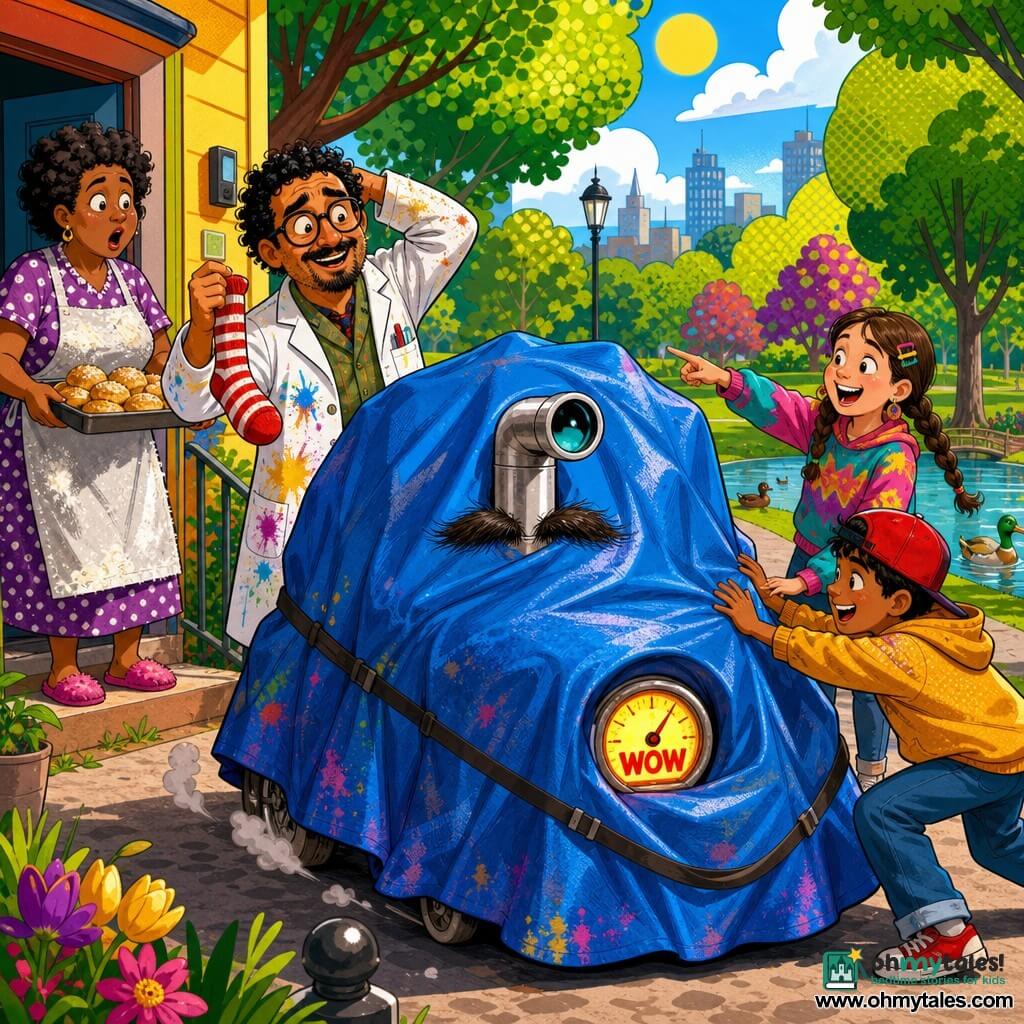 An inventor (about 40, round face, thick glasses, embarrassed but joyful) in a paint-stained smock triumphantly holds a red-and-white striped sock; a baker woman (about 50) on the doorstep in a polka-dot dress and floury apron looks surprised, holding a tray of rolls; a 12-year-old girl with braided hair in a colorful sweatshirt points amusedly at a couch under a blue tarp while a 12-year-old boy in jeans and a backwards cap nudges the tarp with curious, mischievous energy; the couch is covered by a gathered, strapped blue tarp that looks like a lumpy hill moving along a park path, and a small S.S.S. machine peeks out—a silver periscope, two bristle moustache hairs under it, and a glowing dial reading WOW; background is a sunny park with a paved path, duck pond, green grass, stylized trees and a pop-art sky; main action: the tarp-covered couch rolls toward the edge of the sandbox as the inventor and children follow in a comic scene with saturated colors and high contrast.