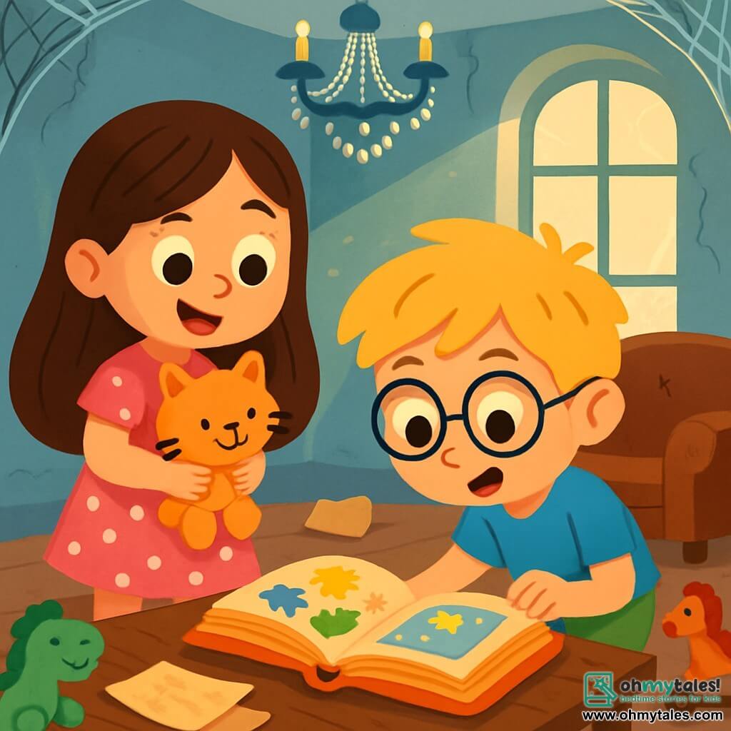 There are two main characters: Mia, a 7-year-old girl with long brown hair and sparkling eyes, wearing a pink dress with white polka dots and holding a small stuffed cat, and Leo, a 7-year-old boy with messy blonde hair and round glasses, wearing a blue t-shirt and green shorts, leaning forward curiously over an old book in his hands. The children are in a large room of an old house with pale blue walls covered in dust. A large crystal chandelier hangs from the ceiling, and cobwebs are in the corners. An old leather sofa is against the wall, and a big window lets in a beam of light illuminating a corner of the room. The main scene shows Mia and Leo discovering mysterious objects. Mia holds the stuffed cat with a delighted smile, while Leo carefully examines an open old book on the table, featuring colorful images and golden letters. They are surrounded by old toys and yellowed papers, creating an atmosphere of adventure and mystery.