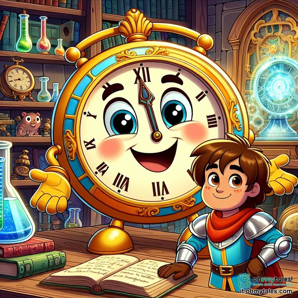 Al centro dell'immagine, Tic-Toc, un orologio da tavolo sorridente con un grande quadrante rotondo e lancette che sembrano braccia, è in piedi su un tavolo di legno, con gli occhi brillanti di eccitazione. Accanto a lui, Arturo, un giovane apprendista cavaliere, indossa un'armatura lucente e un tabardo rosso, con i capelli castani in disordine e uno sguardo determinato, mentre tiene un vecchio libro di enigmi. Il contesto è un laboratorio di scienze magiche, pieno di provette colorate, libri antichi e una grande macchina del tempo scintillante sullo sfondo. Tic-Toc e Arturo si preparano ad attivare la macchina del tempo, circondati da una luce dorata e scintillante che simboleggia il viaggio nel tempo, pronti ad avventurarsi insieme nel passato.
