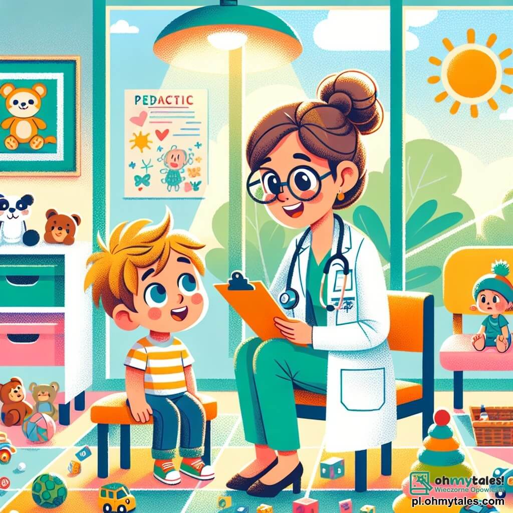 Pani Doktor Maja, uśmiechnięta i życzliwa lekarka, nosi białą odzież i stetoskop na szyi. Ma brązowe włosy związane w kok oraz okrągłe okulary, które nadają jej przyjazny wygląd. Bada małego chłopca, Kubę, który ma około 6 lat. Kuba ma rozczochrane blond włosy i zmartwioną twarz, ale zaczyna się uśmiechać dzięki życzliwości lekarza. Scena rozgrywa się w kolorowej poczekalni kliniki pediatrycznej, z ścianami ozdobionymi rysunkami dzieci, zabawkami porozrzucanymi po podłodze i wygodnymi krzesłami. Na końcu znajduje się duże okno, które wpuszcza światło słoneczne, oświetlając radosną przestrzeń. Główna sytuacja pokazuje Panią Doktor Maję, która leczy Kubę z lekkim bandażem na czole. Mówi do niego z czułością, pokazując kolorową naklejkę w kształcie samochodu, aby go uspokoić. Atmosfera jest ciepła i pocieszająca, wypełniona śmiechem i współczuciem.