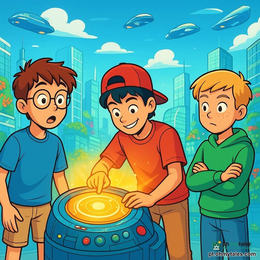 Há 3 personagens: - Lucas: um garoto de 12 anos, com cabelo castanho bagunçado e óculos redondos. Ele está de pé à esquerda, com os olhos arregalados de surpresa, olhando ao redor. - João: um garoto de 12 anos, com cabelo preto liso, usando um boné vermelho ao contrário. Ele está no centro, inclinado sobre uma máquina do tempo, com um sorriso confiante, manipulando botões luminosos. - Pedro: um garoto de 12 anos, com cabelo loiro e sardas. Ele está à direita, com os braços cruzados, exibindo uma expressão curiosa, observando a máquina. O cenário é uma vasta cidade futurista, com edifícios de vidro cintilante, jardins verticais repletos de flores coloridas e painéis solares nos telhados. O céu é azul brilhante, com nuvens brancas fofas, e carros voadores cruzam o ar acima deles. A cena principal mostra os três amigos descobrindo sua máquina do tempo, cercados por uma luz dourada e uma atmosfera mágica, prontos para explorar um mundo futurista fascinante, repleto de inovações ecológicas e tecnologias surpreendentes.