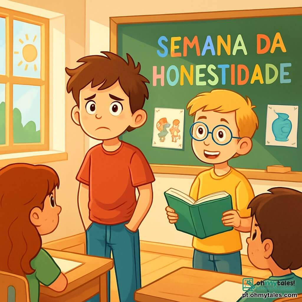 Um garoto de 12 anos, Lucas, com cabelos castanhos bagunçados e olhos brilhantes de curiosidade, está no centro da cena, com uma expressão preocupada mas determinada, as mãos nos bolsos do seu jeans. À sua direita, seu amigo Tiago, também de 12 anos, com cabelos loiros e óculos redondos, sorri encorajando-o, segurando um livro aberto. A cena ocorre em uma sala de aula iluminada, com paredes decoradas com desenhos de crianças e janelas que deixam entrar a luz do sol, iluminando as mesas de madeira. No quadro, está escrito "Semana da Honestidade" em letras coloridas. Lucas hesita em compartilhar seu segredo sobre o vaso quebrado, enquanto seus amigos o escutam atentamente, criando uma atmosfera de apoio e compreensão.