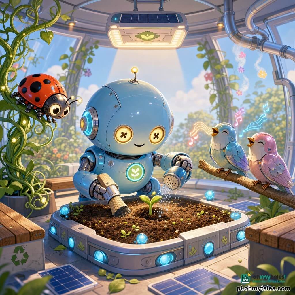 Um pequeno robô jardineiro redondo e azul, expressão alegre e atenta, olhos-botão luminosos e mãos em forma de pincel, planta uma pequena semente verde num buraco sorrindo e rega suavemente com um bico redondo; uma joaninha luminosa mecânica vermelho-alaranjada numa trepadeira à esquerda, curiosa e piscando, observa a semente; dois passarinhos sintéticos de penas metálicas em tons pastéis pousados num ramo baixo à direita, calmos e cantando notas visíveis como pequenas ondas coloridas; o solo é um quadrado de terra inteligente com pequenas esferas azuis de água visíveis, rodeado por placas solares e bancos de madeira reciclada; o pátio é enquadrado por paredes de vidro curvas com trepadeiras luminosas, um pequeno painel solar artificial suspenso no teto projeta luz suave e tubos difundem uma brisa perfumada; cena principal: momento terno em que o robô planta e rega a semente sob luz quente, a primeira brotação verde aparece, ambiente sereno, cores pastéis luminosas, texturas nítidas e formas simples, composição centrada e legível para crianças.