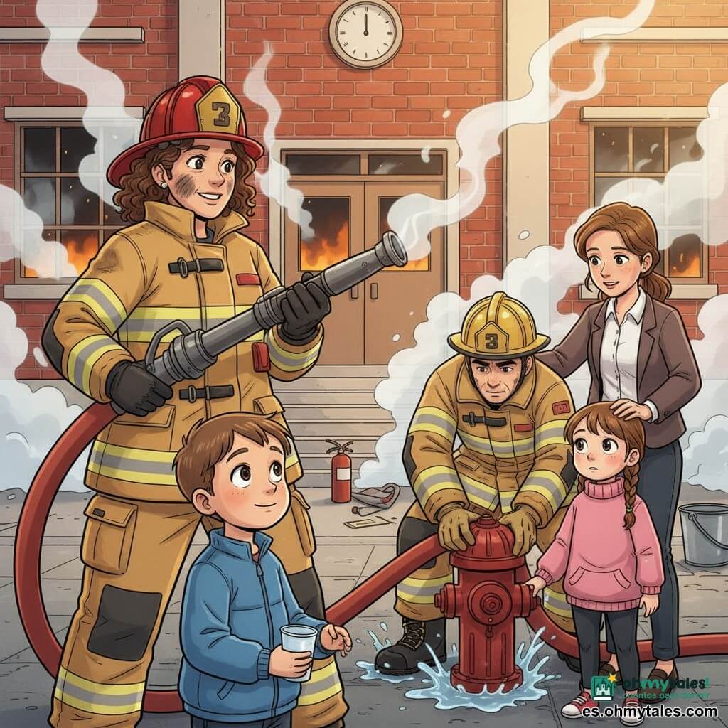 Mujer bombero adulta, cabello rizado castaño, casco rojo brillante y chaqueta amarilla con bandas reflectantes, rostro con algo de hollín pero sonrisa tranquilizadora, postura decidida, sujetando una gran lanzadera de agua humeante y mirando a los niños; junto a ella un bombero de unos 35 años, torso inclinado, conectando una manguera roja a la boca de incendio, casco puesto y expresión concentrada con salpicaduras de agua en las botas; maestra de unos 30 años de pie junto al grupo, manos en los hombros de un niño, ropa escolar ligeramente arrugada y mirada aliviada protegiéndolos; niño de unos 8 años en primer plano, ojos admirados, chaqueta azul y una taza de plástico mirando a la bombera como a una heroína; niña de unos 7 años con dos trenzas y suéter rosa sujetando la mano de la maestra, algo pálida pero curiosa; fondo con fachada de escuela de ladrillo rojo, ventanas algo ennegrecidas por el humo, escaleras de entrada invadidas por humo blanco, extintores y cubos esparcidos; atmósfera de fin de intervención con humo disipándose, destellos de agua brillando al sol dorado, colores cálidos contrastando con manchas de hollín y una sensación de esperanza y coraje.