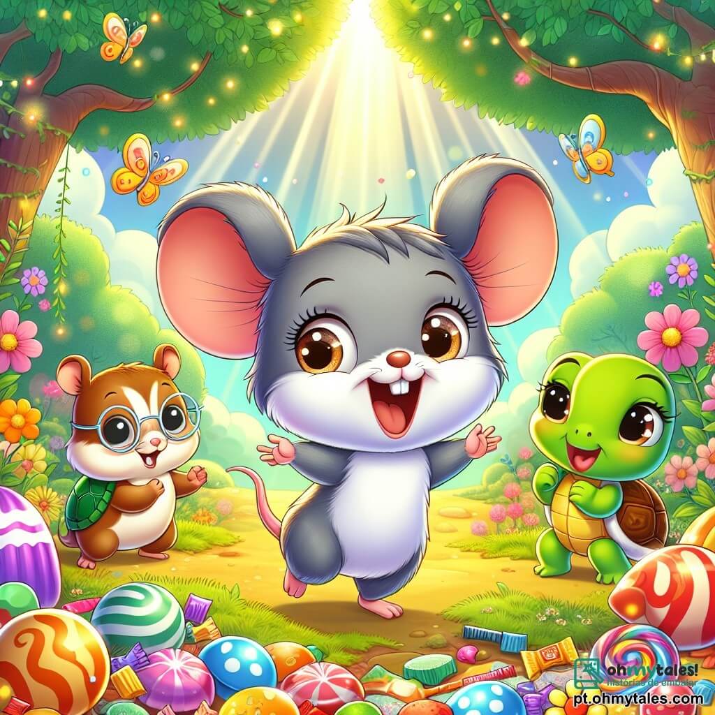 Uma pequena camundonga chamada Mimi, com pelagem suave e cinza, olhos brilhantes de curiosidade e uma grande orelha erguida, está no centro da cena, sorrindo entusiasticamente ao descobrir um tesouro de doces coloridos e brinquedos brilhantes. Ao lado dela, um travesso porquinho-da-índia chamado Zeca, com pelagem marrom e olhos redondos, salta de alegria, enquanto uma tartaruga chamada Tina, com carapaça verde e óculos redondos, aplaude lentamente, maravilhada com a descoberta. Ao fundo, uma floresta encantada se estende, com árvores majestosas de folhas brilhantes e flores multicoloridas dançando ao vento, criando uma atmosfera mágica. A cena mostra Mimi e seus amigos celebrando a descoberta de um tesouro escondido, cercados de risos e alegria, com raios de sol filtrando pelas ramas, iluminando sua felicidade.
