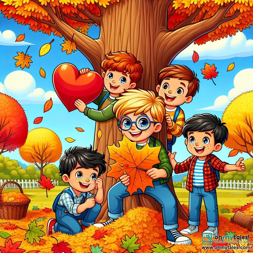 In a colorful autumn park, four boys stand around a large oak tree with golden leaves. Max, an eight-year-old boy with brown hair and glasses, smiles while holding a red paper heart. Next to him, Jake, another boy with blond hair and sparkling eyes, proudly shows a large orange maple leaf. Leo, a boy with brown hair and glasses, is crouched down picking up a shiny yellow leaf, while Sam, a boy with black hair and freckles, is making faces with a small green leaf in his hand. The park is filled with vibrant colors, featuring majestic trees with fiery leaves, piles of crunchy leaves on the ground, and a light blue sky dotted with fluffy white clouds. The boys are collecting leaves for their school project on autumn, laughing and sharing stories about the different colors and shapes of the leaves they find.