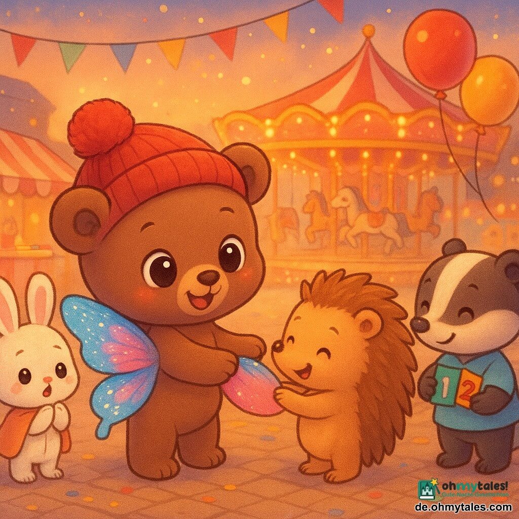Ein fröhlicher chibi-kleiner brauner Bär (Bruno) mit glänzenden runden Augen, weichem Fell, glitzernden Schmetterlingsflügeln in Blau und Rosa und roter Bommelmütze reicht sanft eine Flügelspitze einem schüchternen, dann strahlenden chibi-Igel mit abgerundeten Stacheln in Karamell, der lächelnd die große angebotene Flügel probiert; links ein traurig-bald fröhlich gewordener chibi-Hase mit langen weißen Ohren und leicht geknöpfter Umhang klatscht, rechts ein lächelnder Dachs verteilt bunte Lose, alle schauen zu; Schauplatz eine gepflasterte Karnevalsplatzszenerie mit beleuchtetem Karussell und bemalten Pferden im Hintergrund, bunten Girlanden, roten und gelben Ballons, gestreiften Süßwarenständen, Konfetti und Lampions im goldenen Abendlicht; Hauptmoment: warme Geste des Teilens, zarte Bewegungen, lebhafte Farben, Glitzerdetails auf den Flügeln und Reflexe auf den Ballons, bildzentrierte Komposition auf die beiden Hauptfiguren, tiefe Perspektive, gesättigte Pastellpalette und sanfte Kontraste; Stil: chibi-kawaii mit dicken runden Konturen, filzartige Texturen und überzogene, kinderfreundliche Mimik.