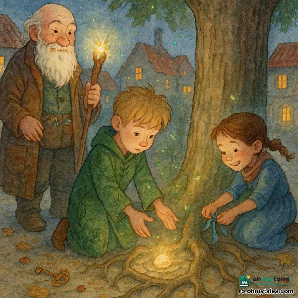 Un tânăr vrăjitor, Matei, cu față blândă și păr blond, în robă verde brodată, emoționat și concentrat, întinde mâinile peste baza unui stejar bătrân pentru a așeza o piatră luminoasă în cercul de rădăcini; un vrăjitor bătrân, Vasile, în jur de 70 de ani, cu barbă albă și halat maro, ține un toiag strălucitor și privește mândru din spate stânga; o fetiță, Mara, de circa 8 ani, cu păr împletit și rochie albastră, îngenunchează în dreapta și leagă o panglică albastră de o rădăcină. Scena are loc la apus, pe o mică piață de sat pavată, în jurul stejarului cu rădăcini groase, case de piatră cu acoperișuri roșii și felinare calde în fundal; atmosfera e tandră și magică, o lumină pulsatilă iese din pământ, scântei verzi și aurii dansează, redat în acuarelă cu tonuri pastelate, texturi fluide și contururi moi.