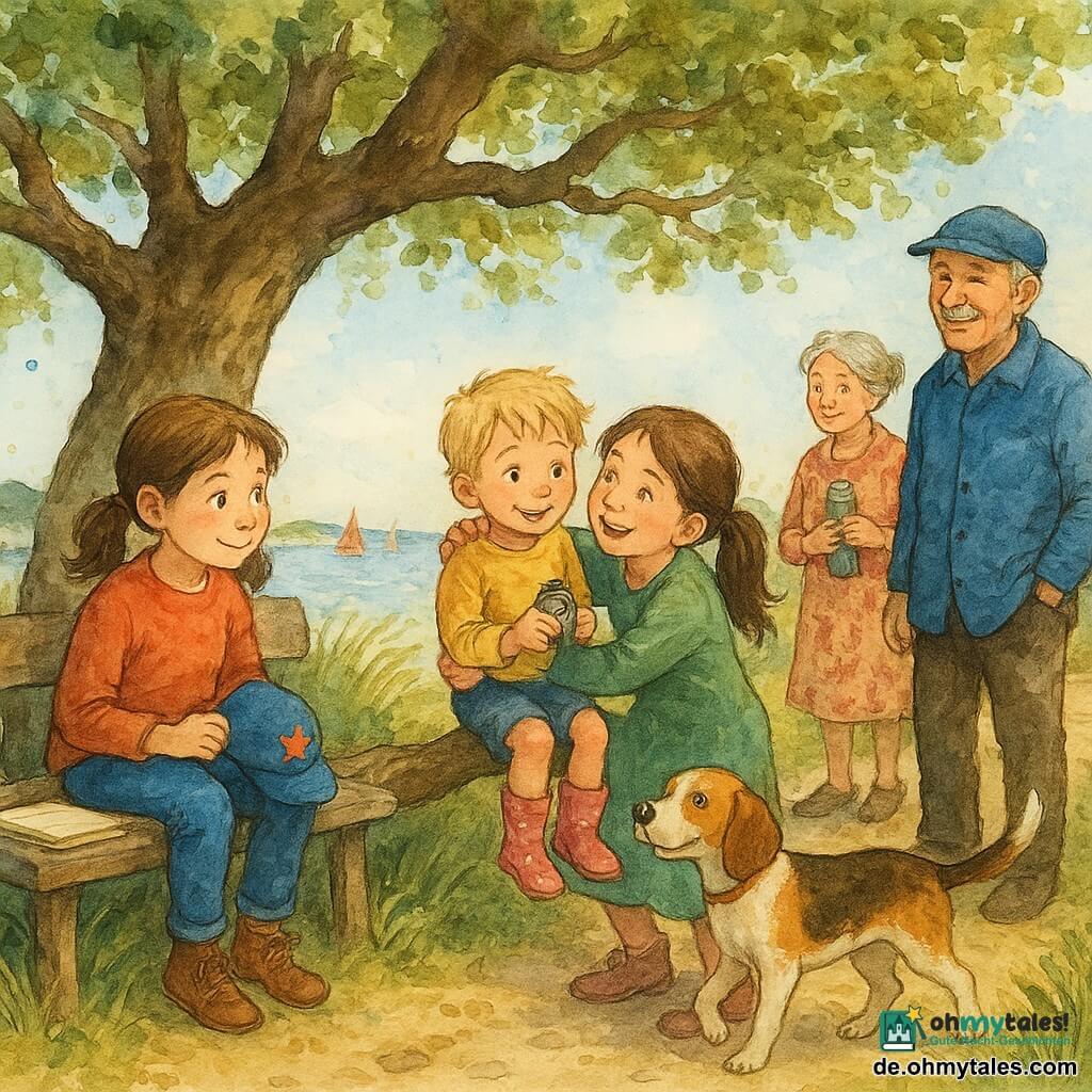Maya, 8 Jahre, rundes Gesicht mit Sommersprossen, kastanienbraune Zöpfe, entschlossener warmer Blick, hockt auf einer abgenutzten Holzbank und hält eine kleine blaue Mütze mit rotem Stern, ihr aufgeschlagenes Heft mit einem herausragenden Bleistift liegt daneben; Jonas, 5 Jahre, blonder zerzauster Haarschnitt, erleichterter stolzer Ausdruck, sitzt auf einem niedrigen Ast der alten Eiche, trägt rosa Blumenstiefel und hält einen kleinen Plastkompass; Lina, etwa 9, braune Pferdeschwanz, besorgtes dann fröhliches Gesicht, umarmt Jonas am Fuß des Baumes, ihr Beagle Bello wedelt neben ihnen; Herr Beck, etwa 60, wettergegerbtes Gesicht, blaue Jacke und Fischerhaube, steht lächelnd auf dem Weg; Großmutter Liesel, alte Frau mit grauem Dutt und geblümtem Kleid, hält eine Thermoskanne und Kekse nahe einem bunten Wegschild; Ort: grasiger Deich an einer kleinen Bucht mit vom Wind bewegtem hohem Gras, abgenutzter Bank, knorriger Eiche, Spielzeugboote in der Ferne und Häuser mit roten Dächern unter sanft blassblauem Himmel; Hauptsituation: ruhige helle Wiedersehensszene — Maya hat Jonas gerade gefunden, sie tauschen Lächeln, die Mütze ist zurückgesetzt, Fußspuren und Keksbrösel auf dem Weg, beruhigende leichte Atmosphäre.