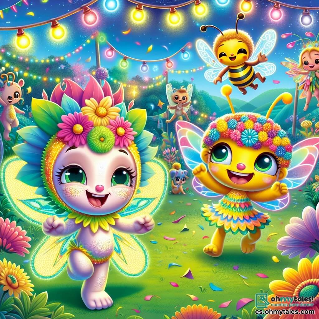 Lumito, un pequeño ser luminoso con alas de papel brillante y una nariz que cambia de color, baila alegremente en medio de una pradera resplandeciente, su rostro irradiando emoción y felicidad. A su lado, Floresta, un hada delicada con cabello de flores multicolores, sonríe con asombro, sosteniendo una flor brillante en su mano. Zumbón, una abeja redonda y alegre, revolotea a su alrededor, sus pequeñas alas zumbando y brillando bajo las luces del carnaval, mostrando una expresión traviesa. El entorno es una pradera vibrante, llena de guirnaldas de luces coloridas y confeti flotando en el aire, mientras criaturas del bosque bailan y cantan a su alrededor. La escena principal muestra a Lumito y sus amigos celebrando juntos, rodeados de colores brillantes, risas y música, capturando el espíritu alegre y festivo del carnaval.