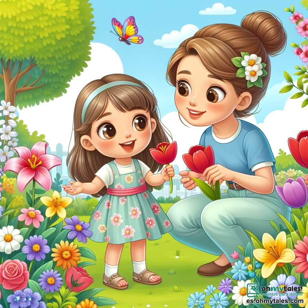 Una niña de 4 años, con largos cabellos castaños y ojos llenos de curiosidad, se encuentra en medio de un jardín colorido, maravillada por las flores que la rodean. Lleva un vestido ligero con flores y sandalias, y sonríe con alegría mientras toca delicadamente un tulipán rojo. A su lado, su mamá, una mujer de unos 30 años con cabello castaño recogido en un moño y una sonrisa dulce, se inclina para mostrarle un narciso amarillo. Ella viste una camiseta azul y pantalones ligeros, y mira a su hija con ternura. El jardín está lleno de flores brillantes de todos los colores: rosas, violetas y margaritas, bajo un cielo azul claro con algunas nubes blancas. Árboles con hojas verdes vibrantes bordean el jardín, y una mariposa colorida vuela alegremente alrededor de las flores. La escena muestra a la niña y su mamá descubriendo juntas la belleza de la primavera, asombradas por los colores y sonidos de la naturaleza, mientras un pajarito canta en un árbol cercano.