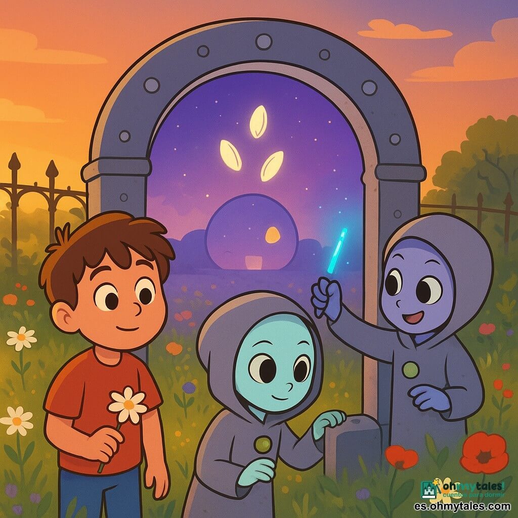 Un niño humano de 8 años, Nico, rostro redondo y pelo castaño despeinado, mirada curiosa y maravillada, sostiene delicadamente una pequeña margarita blanca en la mano derecha junto a un gran arco metálico; a su lado Lila, niña extraterrestre de piel pálida ligeramente turquesa, ojos enormes brillantes y capucha gris, inserta una broche redonda verde en un hueco en la base del arco; detrás, Brin, niño extraterrestre de piel lavanda y capucha gris, sostiene un “lápiz” luminoso que dibuja líneas brillantes en el aire con expresión excitada; a la izquierda, Olo, niño extraterrestre de piel grisazulada y gesto serio, toca suavemente el metal del arco; escenario: un solar florido al atardecer con hierba alta, margaritas blancas, amapolas rojas y pequeñas flores violetas, una vieja verja de hierro oxidado con una enredadera al fondo, luz dorada y sombras largas; situación: un antiguo arco metálico entre flores cuyos pequeños focos se encienden poco a poco, surgendo en su centro una imagen plateada de un paisaje con cielo violeta, una casa redonda y tres semillas luminosas flotando, momento mágico y tierno, gestos respetuosos y expresiones asombradas, colores cálidos y contraste nítido en estilo vectorial simple y claro para libro infantil.