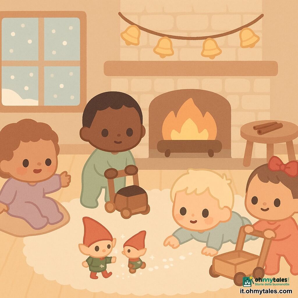 Ci sono 5 personaggi: una bimba, Lila, 1 anno, capelli castano chiaro ricci, guance rosa, seduta a sinistra su un cuscino che porge la mano sorridendo verso il folletto; un bimbo, Teo, 1 anno, piccolo e rotondo, capelli neri, in piedi al centro appoggiato a un giocattolo, guarda il folletto con grandi occhi; un bimbo, Nino, 1 anno, capelli biondi scompigliati, sdraiato sul tappeto davanti al camino che indica le impronte di zucchero; una bimba, Pina, 1 anno, capelli corti con un fiocco rosso, spinge un cavallo a dondolo in legno a destra con occhi vivaci; un piccolo folletto di Natale maschile, molto minuto, cappello rosso appuntito, giacca verde e stivaletti di cuoio, che esce a metà dal condotto del camino lasciando piccole impronte bianche di zucchero. Ambientazione: salotto caldo e basso con pavimento in legno chiaro lucido, grande tappeto crema morbido, camino in pietra con fiamme soffuse, finestra ghiacciata con neve che cade, ghirlanda di campanelline dorate sul camino e bastoncini di cannella su un tavolino che suggeriscono l'odore; situazione: il folletto birichino esce dal fuoco del camino lasciando una scia di impronte di zucchero brillanti sul tappeto, i quattro bimbi lo osservano con bocche a "O" e grandi sorrisi, atmosfera dolce e giocosa, luce calda, colori pastello, stile kawaii minimale con tratti semplici e contorni morbidi.