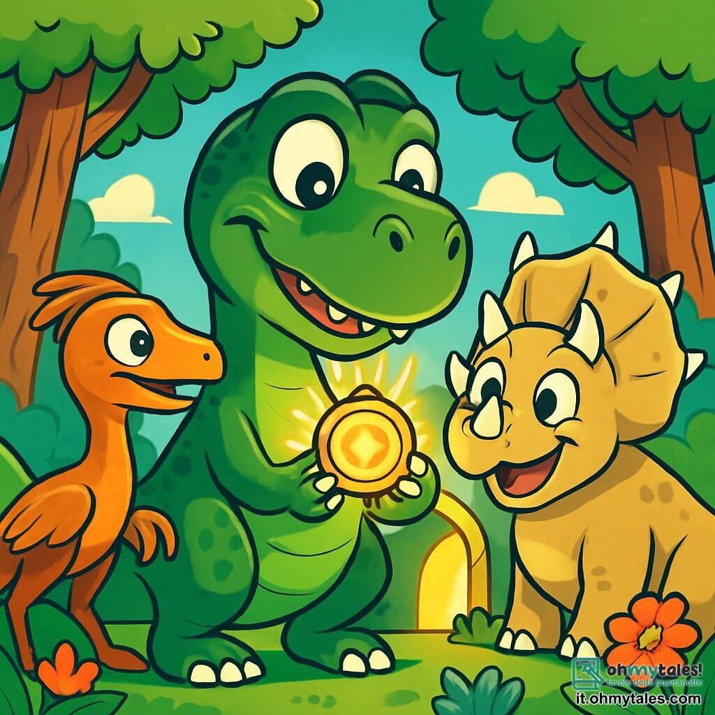 Un Tyrannosaurus Rex dal pelo verde scuro, con scaglie brillanti e occhi pieni di eccitazione, si trova al centro della scena, tenendo un amuleto scintillante tra le piccole zampe anteriori, con un'espressione curiosa e meravigliata. A destra, un Triceratopo gioioso, con corna maestose e pelle beige, guarda l'amuleto con un grande sorriso, mentre a sinistra, un Velociraptor agile, con piumaggio arancione vivace, osserva attentamente, pronta ad esplorare questo nuovo mondo. La scena si svolge in una foresta incantata, dove alberi dai tronchi spessi e foglie vibranti danzano dolcemente al vento, e fiori colorati si aprono e chiudono come piccole creature viventi. Il Tyrannosaurus Rex scopre un amuleto misterioso che brilla intensamente, rivelando un passaggio segreto verso un'avventura incredibile.