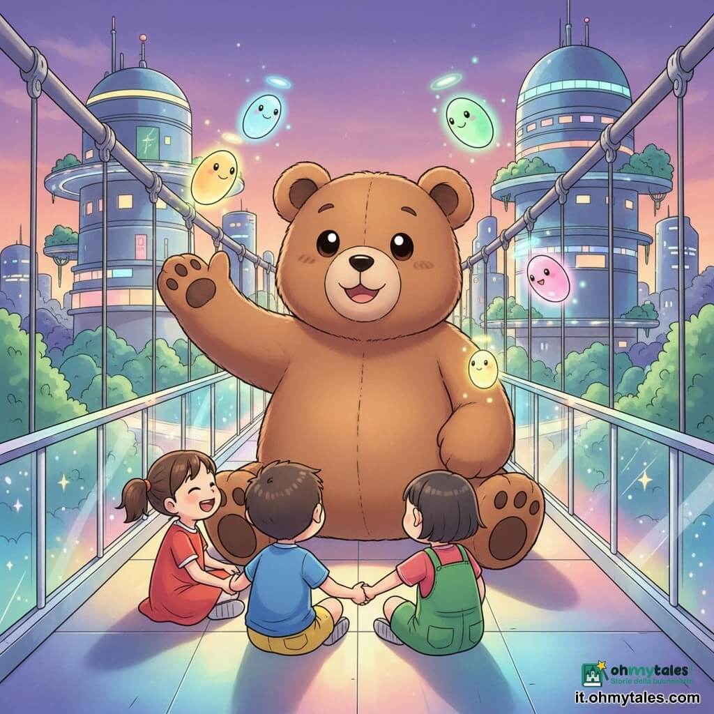 Un grande orso bruno di peluche realistico (personaggio principale), viso rotondo e occhi lucenti, espressione dolce e sorridente, seduto al centro di un ponte sospeso scintillante mentre racconta una storia indicando il cielo con una zampetta. Piccole lucciole personificate (personaggi secondari), ovali e dai colori cangianti, sorridenti e luminose, svolazzano attorno alle spalle dell'orso emettendo aloni verdi e blu. Tre bambini (personaggi secondari), un ragazzo e due ragazze, con vestiti colorati e acconciature semplici, meravigliati e ridenti, seduti a mezzaluna davanti all'orso con le mani giunte e lo sguardo rivolto a lui. Il ponte è fatto di materiale traslucido e iridescente con doghe luminose che cambiano colore, parapetti in vetro e piccoli neon integrati, aspetto liscio e magico. Sullo sfondo una città futuristica con torri arrotondate, finestre colorate, strade luminose a spirale e giardini pensili verdi, al crepuscolo con un cielo viola-arancione. La scena mostra l'orso che racconta ai bambini, luci del ponte che pulsano dolcemente, atmosfera calda, colori vivaci e forme semplici, composizione centrata e leggibile per un pubblico di 4 anni.
