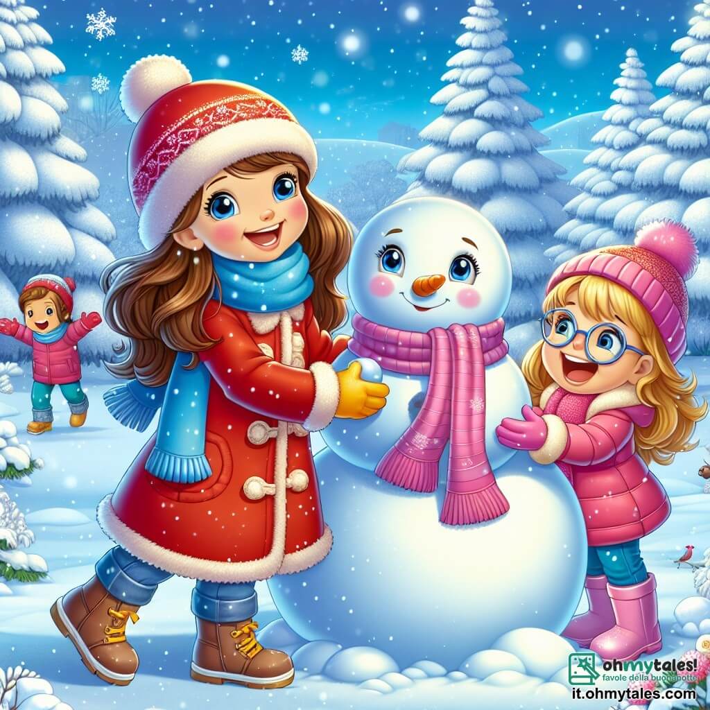 Una bambina di 5 anni, Sofia, con lunghi capelli castani e guance rosa, sta costruendo un grande pupazzo di neve in un parco innevato. Indossa un cappotto rosso vivo, una sciarpa blu e guanti gialli, il suo viso irradia gioia ed eccitazione. Accanto a lei, la sua migliore amica Giulia, anche lei di 5 anni, con capelli biondi e occhiali rotondi, ride lanciando una palla di neve, vestita con una giacca rosa e un berretto con pon-pon. Il parco è coperto da uno spesso strato di neve scintillante, con alberi maestosi le cui branche sono cariche di neve, e un cielo blu chiaro punteggiato di nuvole bianche. In lontananza, dei bambini giocano e fanno battaglie di palle di neve, mentre fiocchi di neve cadono dolcemente dal cielo. La scena principale mostra Sofia e Giulia in azione, ridendo e divertendosi insieme, mentre aggiungono dettagli al pupazzo di neve, come un cappello nero e bottoni colorati, creando così un momento magico e gioioso in pieno inverno.
