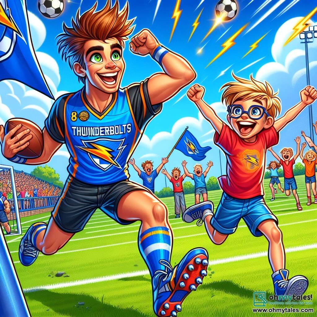 Jake, an athletic man with brown hair and sparkling eyes, stands at the center of the football field, a big smile on his face after scoring a spectacular goal. He wears a bright blue jersey with the Thunderbolts logo, black shorts, and shiny football shoes. Nearby, Timmy, an 8-year-old boy with messy blonde hair and glasses, jumps for joy with his arms raised, his eyes shining with admiration for his hero. He wears a red t-shirt and blue shorts, standing next to the goal, ready to cheer. The scene takes place on a green football field, surrounded by enthusiastic spectators, with flags waving in the wind and the bright colors of supporters' jerseys. The sky is blue with a few white clouds, adding to the joyful atmosphere. The main situation shows Jake celebrating his victory after scoring the decisive goal, while Timmy and other children cheer him on, creating a festive and energetic vibe.