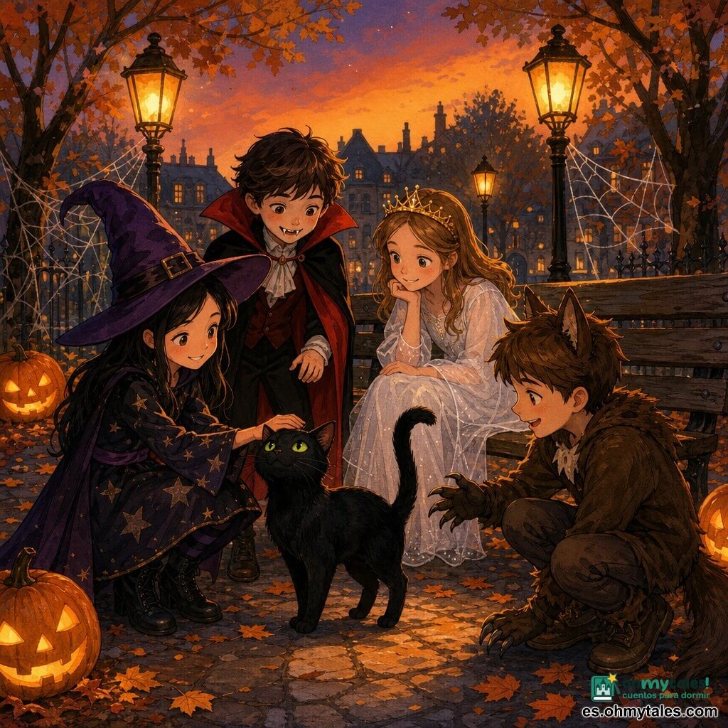 Hay cuatro niños: Lucía, ~10 años, pelo negro largo, sombrero de bruja morado y vestido negro con estrellas, a la izquierda tendiendo la mano para acariciar un gato negro; Mateo, ~10 años, tez pálida, capa roja de vampiro y dientes postizos, a su derecha sonriendo; Sara, ~9 años, vestido blanco translúcido de princesa fantasma y corona dorada, sentada en un banco detrás mirando al gato; Tomás, ~10 años, disfraz de lobo marrón con orejas de fieltro y guantes, agachado a la derecha del banco; están en un pequeño parque al anochecer con hoja caída, faroles cálidos, banco de madera y decoraciones de Halloween; en el centro un gato negro de pelo brillante y ojos verdes, cola levantada, mientras los niños se acercan sonriendo en una atmósfera cálida y ligeramente misteriosa.