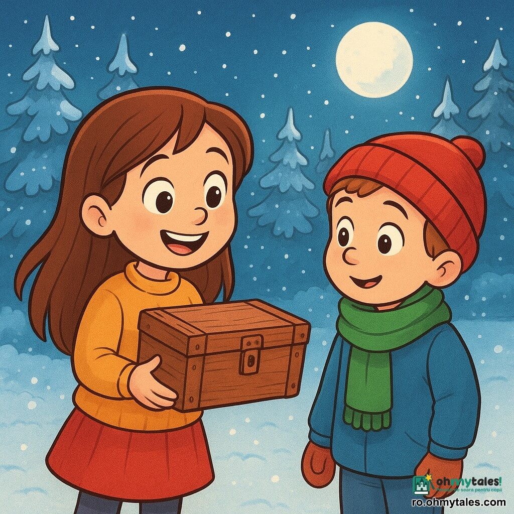 O fetiță de 6 ani, Anca, cu părul lung și castaniu și un zâmbet radiant, stă într-o pădure acoperită de zăpadă. Ea ține în mâini o cutie veche de lemn, iar ochii îi strălucesc de curiozitate. Lângă ea, un băiat de 7 ani, prietenul ei, poartă o căciulă roșie și un fular verde și privește cutia cu uimire. În fundal, copacii acoperiți de zăpadă strălucesc sub lumina blândă a lunii. Scena se desfășoară într-o poiană unde zăpada proaspătă strălucește ca diamantele. Atmosfera este magică și liniștită, capturând spiritul Crăciunului și uimirea copiilor.