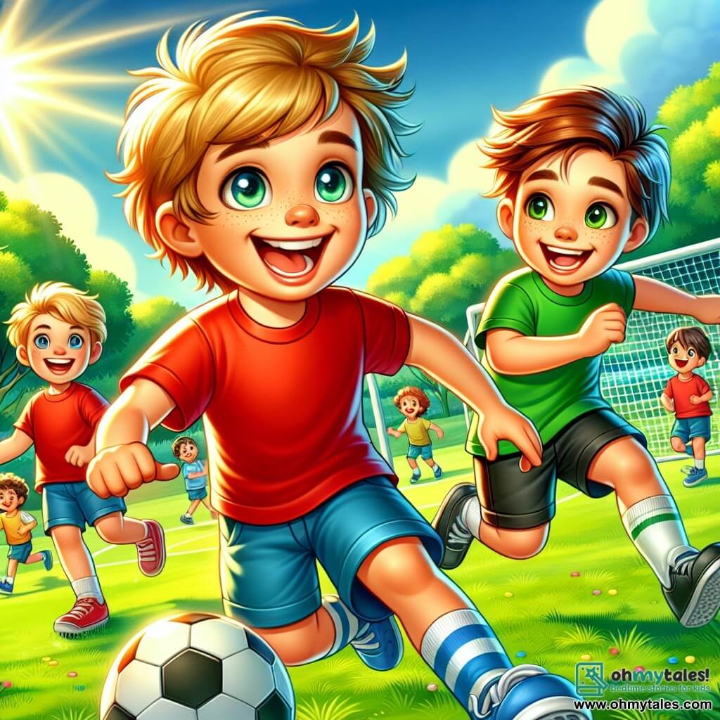 An 8-year-old boy, Tommy, with messy blonde hair and a big smile, is dribbling a soccer ball on a grassy field. He wears a red t-shirt and blue shorts, and his face shows contagious joy. Next to him, Max, another 8-year-old boy with brown hair and sparkling eyes, watches him with admiration, ready to receive the ball. Max is wearing a green t-shirt and black shorts, standing slightly back, prepared to run. The setting is a sunny soccer field surrounded by green trees and a bright blue sky. Children are playing in the background while parents cheer on the sidelines. The main scene shows Tommy enthusiastically dribbling the ball, while Max prepares to pass, illustrating their friendship and team spirit during the game.