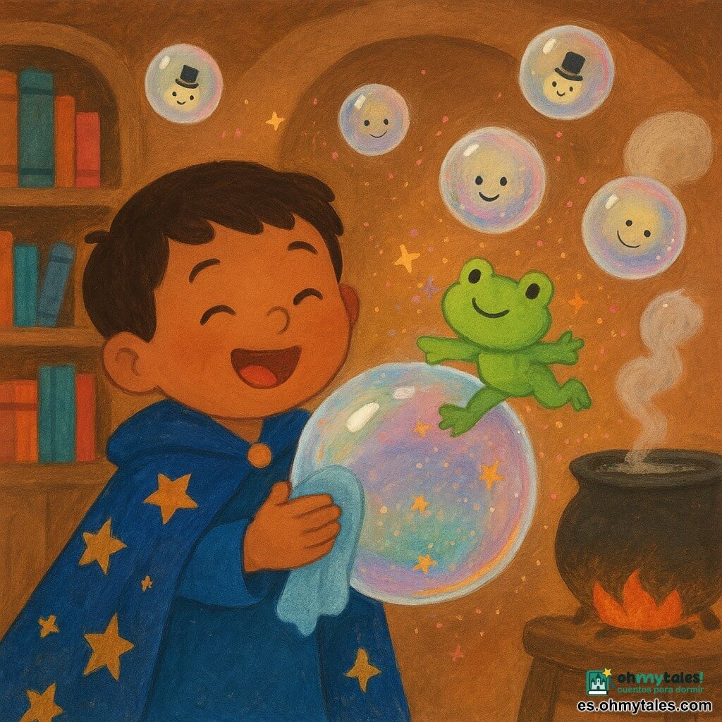 Nico es un aprendiz de brujo de 4 años, alegre y riendo, que lleva una gran capa azul con estrellas doradas y frota con un paño suave una visera redonda y brillante; la visera, como una burbuja de jabón transparente con reflejos iridiscentes y destellos dorados, estalla en burbujas y risas cuando una rana de peluche verde salta, dejando huellas estrelladas y pegándose al paño mientras baila junto a la mano de Nico; varias burbujas flotantes con caritas sonrientes y pequeños sombreros giran alrededor dejando estelas de purpurina rosa y dorada; la escena transcurre en una casita circular con estanterías de madera y libros de magia coloridos, una caldera humeante y una ventana redonda al cielo crepuscular, creando un ambiente cálido, lúdico y ligeramente encantado.