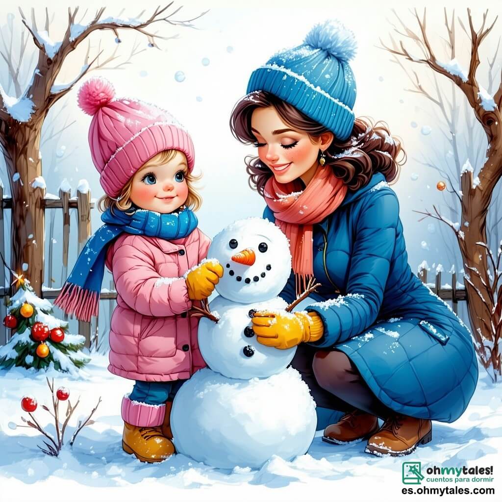 Una niña de 1 año, con grandes ojos brillantes y mejillas rosadas, está construyendo un muñeco de nieve en un jardín nevado. Lleva un abrigo rosa, una bufanda azul y guantes amarillos, y su rostro irradia alegría y asombro. Junto a ella, su madre, una mujer de unos 30 años, con cabello castaño y rizado, sonríe mientras sostiene una zanahoria que está a punto de colocar en el muñeco de nieve. Ella viste un abrigo azul y un gorro a juego, inclinándose ligeramente para estar a la altura de su hija. El jardín está cubierto de una gruesa capa de nieve brillante, con árboles cuyas ramas están cargadas de copos. El cielo es de un azul brillante, salpicado de algunas nubes blancas y esponjosas. La niña ríe mientras coloca bolas de nieve para formar el cuerpo del muñeco, mientras su madre la anima con ternura, creando una escena cálida y alegre del invierno.
