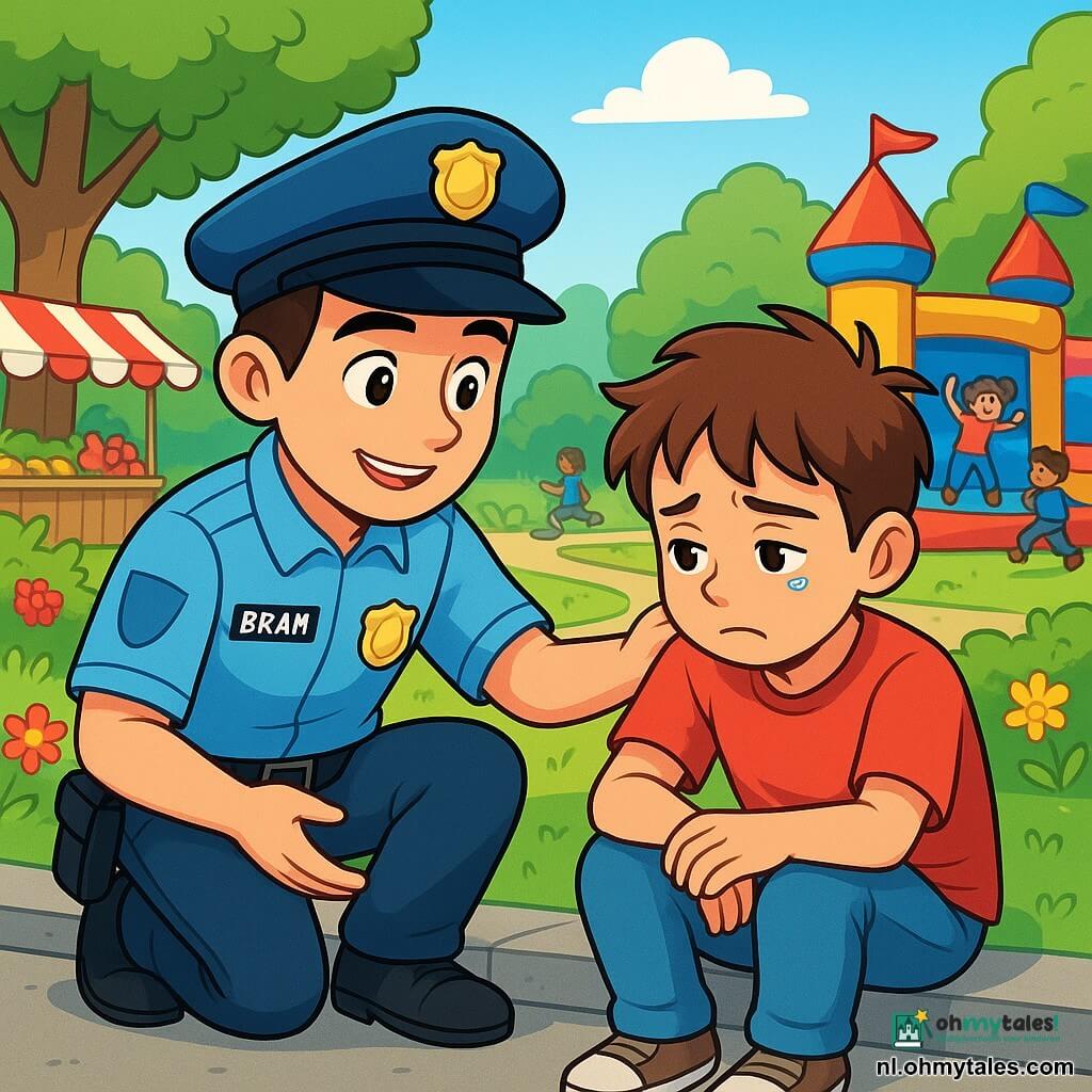 Een jonge politieagent, genaamd Bram, is een glimlachende man van ongeveer 10 jaar, gekleed in een lichtblauw uniform, een politiehoed en een glanzende badge op zijn borst. Hij zit in een hurkende positie met een vastberaden en vriendelijke uitdrukking terwijl hij met een verdrietige jongen praat die op een stoep zit. De jongen, Bas, is een 9-jarig kind met rommelig bruin haar en een rode t-shirt. Hij veegt een traan uit zijn oog terwijl hij hoopvol naar Bram kijkt. Op de achtergrond is er een charmant buurtpark vol levendige kleuren: groene bomen, stralende bloemen en kinderen die spelen in een groot springkasteel. Marktstands versierd met kleurrijke slingers staan aan de zijkant, wat een feestelijke sfeer toevoegt. De belangrijkste situatie toont Bram die Bas geruststelt en aanbiedt hem te helpen zijn verdwenen fiets terug te vinden, wat de geest van samenwerking en kameraadschap illustreert.