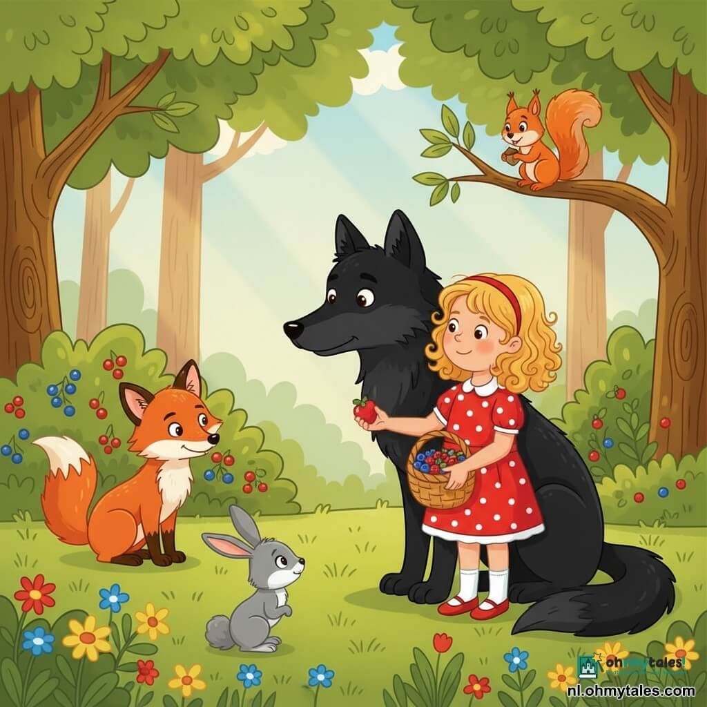 Een glimlachend dapper 4-jarig meisje met blond krullend haar en een rood jurkje met witte stippen houdt een klein rieten mandje met kleurrijke bessen en reikt een bes naar een grote zwarte wolf met glanzende vacht en zachte bruine ogen die verbaasd en verlegen zit met het hoofd iets scheef; een rossige vos met guitige ogen zit naast een struik en kijkt toe; een rode eekhoorn hangt aan een lage tak met een hazelnoot, voorovergebogen om beter te kijken; een grijs konijn zit op het gras bij het mandje met opgerichte oren; de scène speelt zich af in een zonnige bosopen plek met groen gras, wilde bloemen, boomstammen met structuur, zonnestralen door groene bladeren en struiken met rode en blauwe bessen; de hoofdactie toont het meisje dat op een zacht en vredig moment een bes deelt met de wolf, omringd door de andere dieren, warme en vriendelijke sfeer, felle kleuren en eenvoudige vormen geschikt voor jonge kinderen.