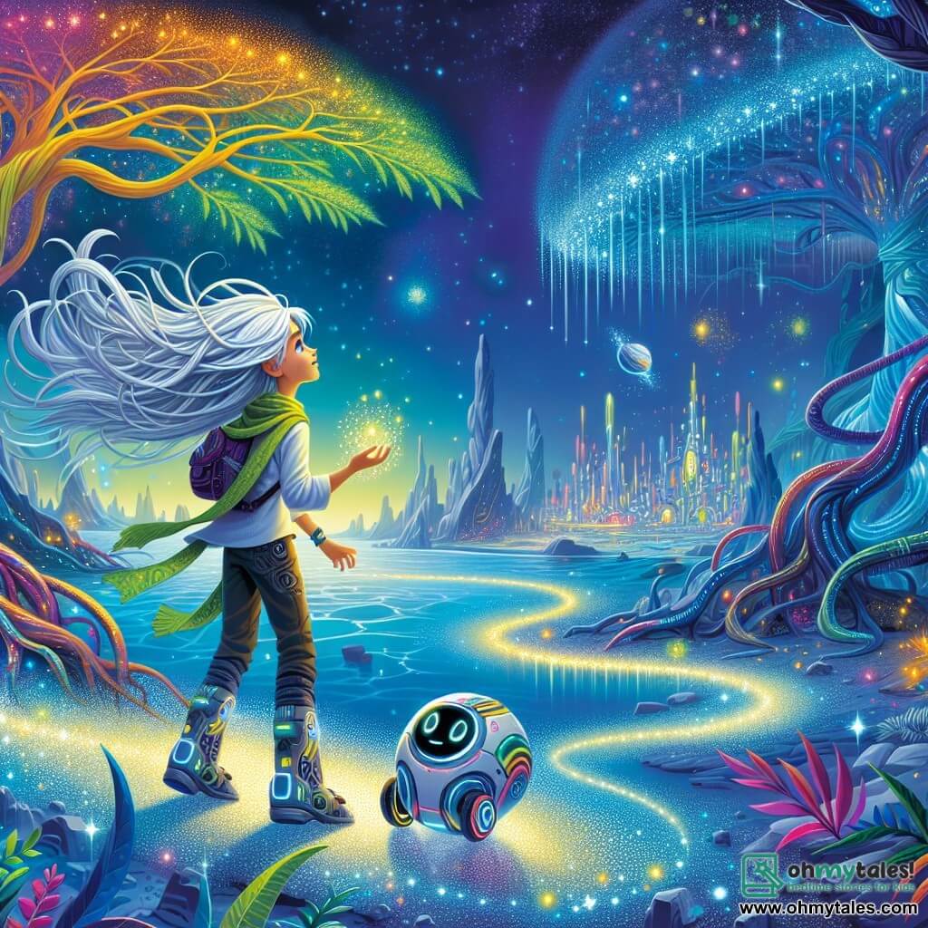 Astra Veyra is a young woman with silver hair floating like strands of light, her emerald eyes shining with wonder and determination. She stands on a sparkling ground, her hands resting on the vibrant earth, feeling the magic pulsing beneath her feet. Nearby, a small spherical robot named Zyn hovers at waist height, its blinking lights expressing joyful curiosity. It is covered in colorful metal panels and emits enthusiastic beeps. The setting is a spectacular alien landscape, with trees featuring crystalline leaves reaching towards the sky, their twisted roots in the air. Rivers of liquid light wind through a field of stardust, while a ruined city illuminated by blue flames looms on the horizon. The main scene shows Astra, awestruck and determined, ready to explore this mysterious world, while Zyn flits around her, adding a touch of magic and technology to their adventure.