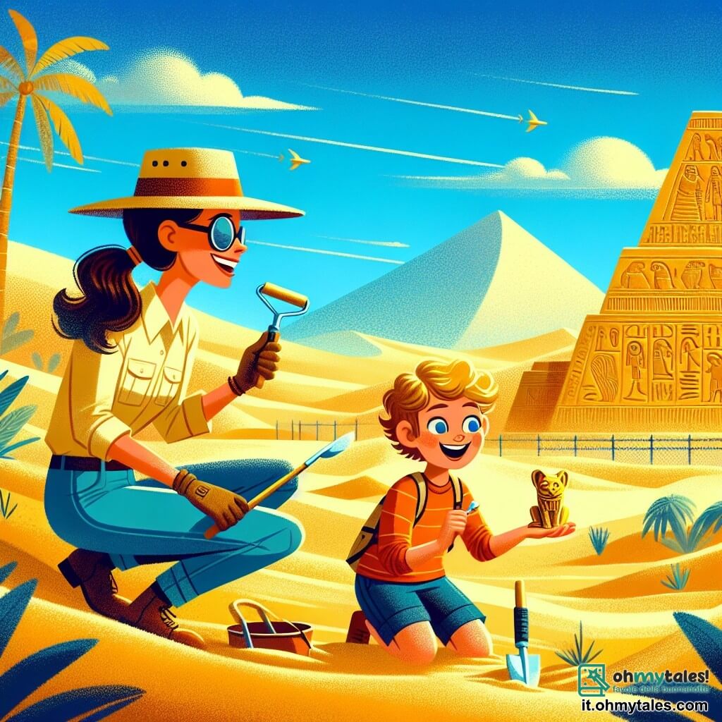In primo piano, c'è un'archeologa di nome Sara, di circa 30 anni, con lunghi capelli castani legati in una coda di cavallo, che indossa un cappello da esploratrice e occhiali da sole. Ha un grande sorriso sul volto, che mostra la sua eccitazione e curiosità. Sara tiene una piccola paletta in una mano e un pennello nell'altra, pronta a scoprire un tesoro nascosto nella sabbia. Accanto a lei, Marco, un ragazzo di 10 anni con capelli biondi arruffati, indossa una maglietta e pantaloni corti. È inginocchiato nella sabbia, tenendo una piccola statuetta a forma di gatto dorato, con gli occhi spalancati per la sorpresa e la gioia, ammirando la loro scoperta. Lo sfondo è un vasto deserto egiziano, con dune di sabbia dorata che si ondulano sotto un cielo blu splendente. Sullo sfondo si possono vedere le rovine di un antico tempio egiziano, con geroglifici sulle pareti e palme che ondeggiano dolcemente al vento. La scena principale mostra Sara e Marco impegnati in un'escavazione archeologica, scoprendo tesori sepolti, circondati da sabbia e antiche pietre, illustrando l'eccitazione e lo stupore dell'esplorazione.