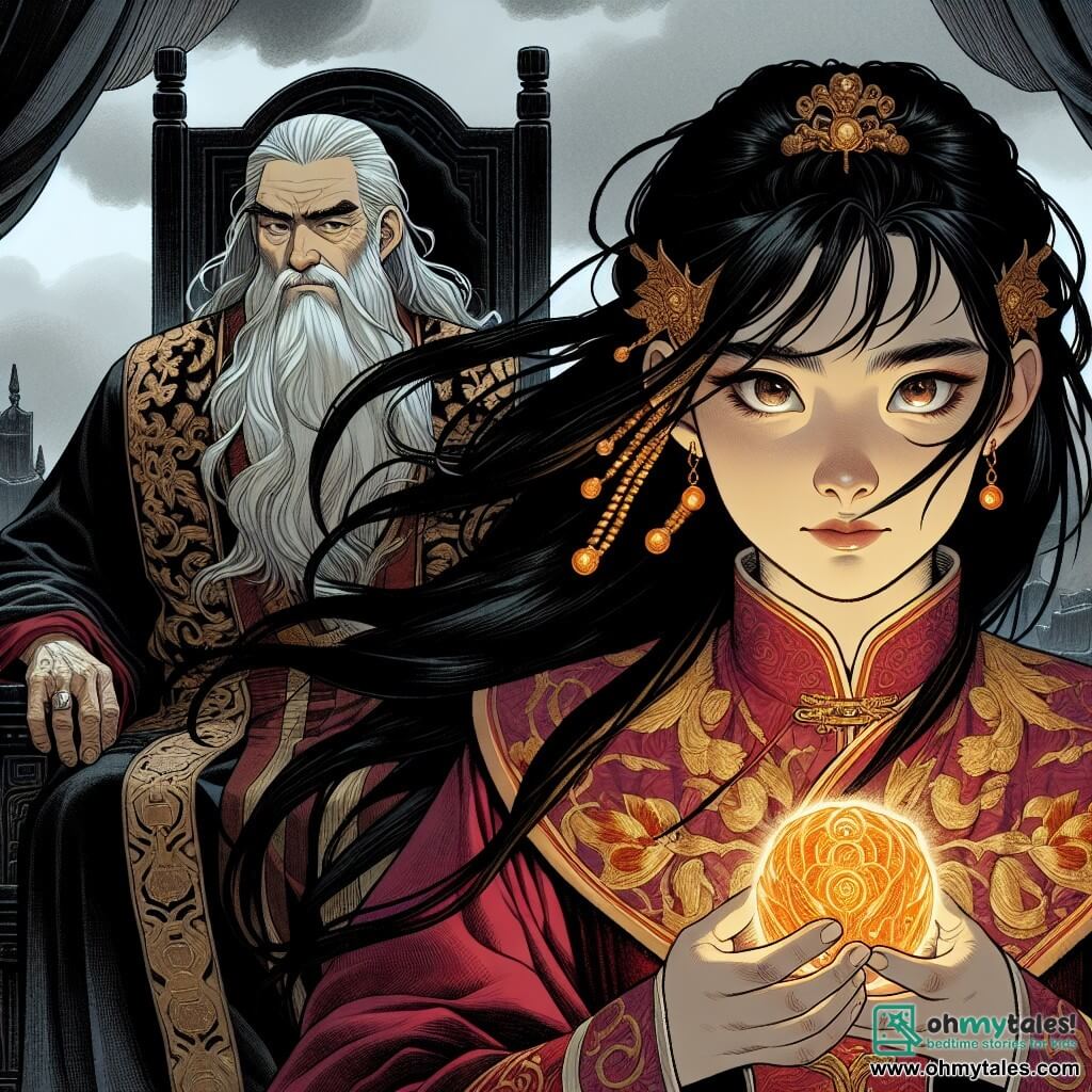 Mei, a young woman around 16 years old, stands center stage with her long black hair flowing in the wind. She wears a red silk tunic adorned with golden patterns, her face showing determination mixed with worry. In her hand, she clutches an ancient amulet glowing with a mystical light as she gazes toward the horizon, ready to face her destiny. Beside her, an elderly man, the wise emperor, sits on a majestic throne, dressed in a richly embroidered imperial robe. His experienced face reflects pride and hope as he watches Mei, prepared to support her in her quest. In the background, an evil sorcerer in his thirties lurks in the shadows, clad in a black cloak that seems to absorb light. His piercing gaze and smirking smile reveal his sinister intentions as he prepares to challenge Mei. The scene unfolds in a royal courtyard adorned with red flags fluttering in the wind, stone-carved walls, and lanterns illuminating the atmosphere. Golden dragons are etched into the walls, adding a touch of magic to the setting. The main situation shows Mei, determined and brave, preparing to use her amulet to confront the evil sorcerer, while the emperor encourages her from his throne, symbolizing hope and courage in a moment of palpable tension.