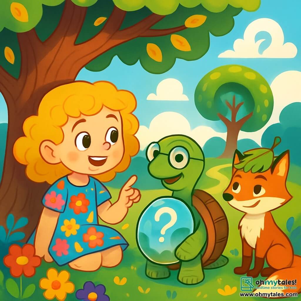 An 8-year-old girl named Lila, with curly golden hair, wears a dress patterned with colorful flowers. She has sparkling curious eyes and a radiant smile as she sits under a large tree with sprawling branches, surrounded by golden leaves. Next to her, an old turtle with round glasses and a mirrored shell smiles gently while showing her dream reflections on his back. A mischievous fox, wearing a leaf hat, stands a bit further away with a playful expression, as if ready to share a joke. The setting is a magical garden filled with vibrant flowers, winding paths, and large trees shaped like question marks, under a bright blue sky dotted with fluffy clouds. The main scene shows Lila asking a question to the turtle while the fox listens attentively, creating an atmosphere of curiosity and discovery, where each character seems immersed in a moment of joyful reflection.