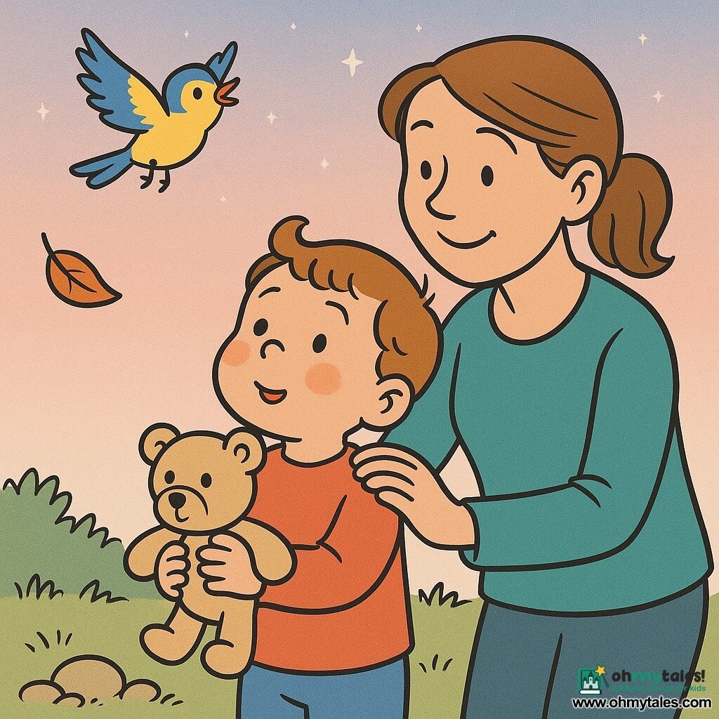 A 2-year-old boy with a round face, rosy cheeks and light brown wisps of hair, wearing a serene, amazed expression and holding a beige teddy, looks up at a pastel pink-and-blue sky where a small yellow-and-blue bird flies above him; his mother, about 28, brown hair tied, smiles gently with a hand on his shoulder, standing slightly behind to his right; the ground has soft green grass, a few round stones and a drifting orange leaf; pale stars begin to twinkle; calm, bright scene, warm colors, clear outlines in a soft, toddler-friendly comic style.