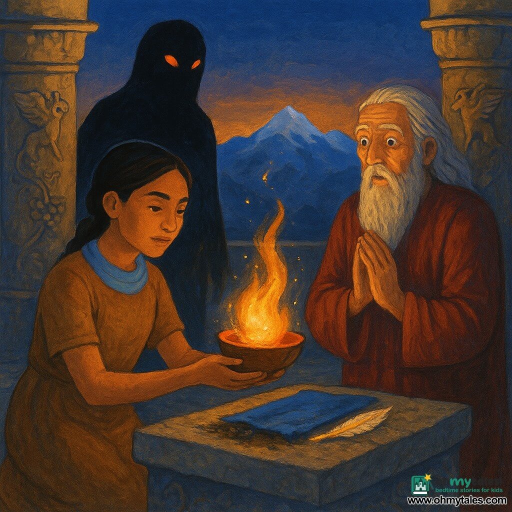 An adult woman with a gentle, focused face, resolute and serene expression, braided black hair, wearing a simple earth-toned dress and a sky-blue cloth tied around her neck, kneels before a small stone altar holding a copper cup with a glowing ember; an old priest with a wrinkled face, surprised eyes and long grey beard stands behind the altar to the right, hands clasped, reverently watching the nascent flame; a non-hostile shadowy creature with a fluid shape and ember-colored eyes stands back left at the edge of the pillars like a silent guardian; the Atashgah plateau is a wide grey stone terrace with pillars carved with winged bulls and vine reliefs, a bed of ancient black ashes at the center, snow-capped mountains in the background and an indigo-and-gold twilight sky; on the altar lies a piece of blue cloth on the ashes and a gold-edged white feather beside it, with small golden sparks drifting around the ember; the atmosphere is warm and mystical with soft flame light illuminating faces, long bluish shadows, rough stone textures and weathered pillar paint, a hint of gold dust in the air; style: gouache with visible brushstrokes, rich ochres, deep blues and carmine red, childlike yet detailed rendering, strong contrast between the warmth of the flame and the cool night sky.