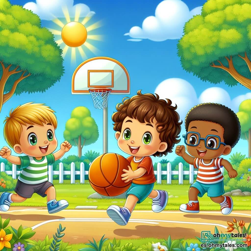 En un parque soleado, tres niños de dos años juegan al baloncesto. Juan, un pequeño con cabello castaño y rizado, está en el centro, sosteniendo una gran pelota naranja con una gran sonrisa. A su izquierda, Paco, un niño rubio con ojos brillantes, lo anima levantando los brazos. A la derecha, Luis, un pequeño con cabello negro y gafas, se prepara para correr hacia la canasta con aire decidido. El parque está lleno de vegetación, con majestuosos árboles y flores coloridas. Un cielo azul brillante y algunas nubes blancas flotan suavemente. Al fondo, se ve una canasta de baloncesto, rodeada de un césped bien cuidado. La escena muestra a Juan lanzando la pelota hacia la canasta, mientras Paco y Luis lo animan con entusiasmo. La atmósfera es alegre y dinámica, llena de risas y amistad.