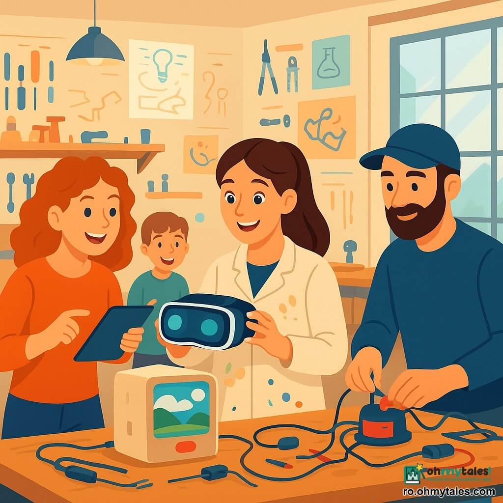 Ana este o inventatoare souriantă și émerveillée, păr șaten prins în coadă de cal, halat bej pătat cu vopsea, ținând ochelari VR strălucitori și privind ecranul unui prototip așezat pe un banc de lucru; Maria, circa 28 de ani, păr roșcat ondulat, stând în stânga Anei și arătând cu entuziasm o tabletă; Andrei, circa 30 de ani, barbă scurtă și șapcă albastră, în dreapta Anei ajustând firele și o mică mașină pe masă; în fundal, doi copii (un băiat de 8 ani și o fată de 7 ani) râd purtând căști VR colorate la gât; atelierul e spațios și luminos, cu schițe colorate pe pereți, rafturi din lemn cu unelte metalice, lămpi industriale suspendate și o mare fereastră care lasă lumina dimineții; scena surprinde echipa testând prototipul unui joc educațional, cu mașini, cabluri și obiecte inventive pe banc, atmosferă caldă și culori vii, compoziție centrată pe Ana și ecranul prototipului.