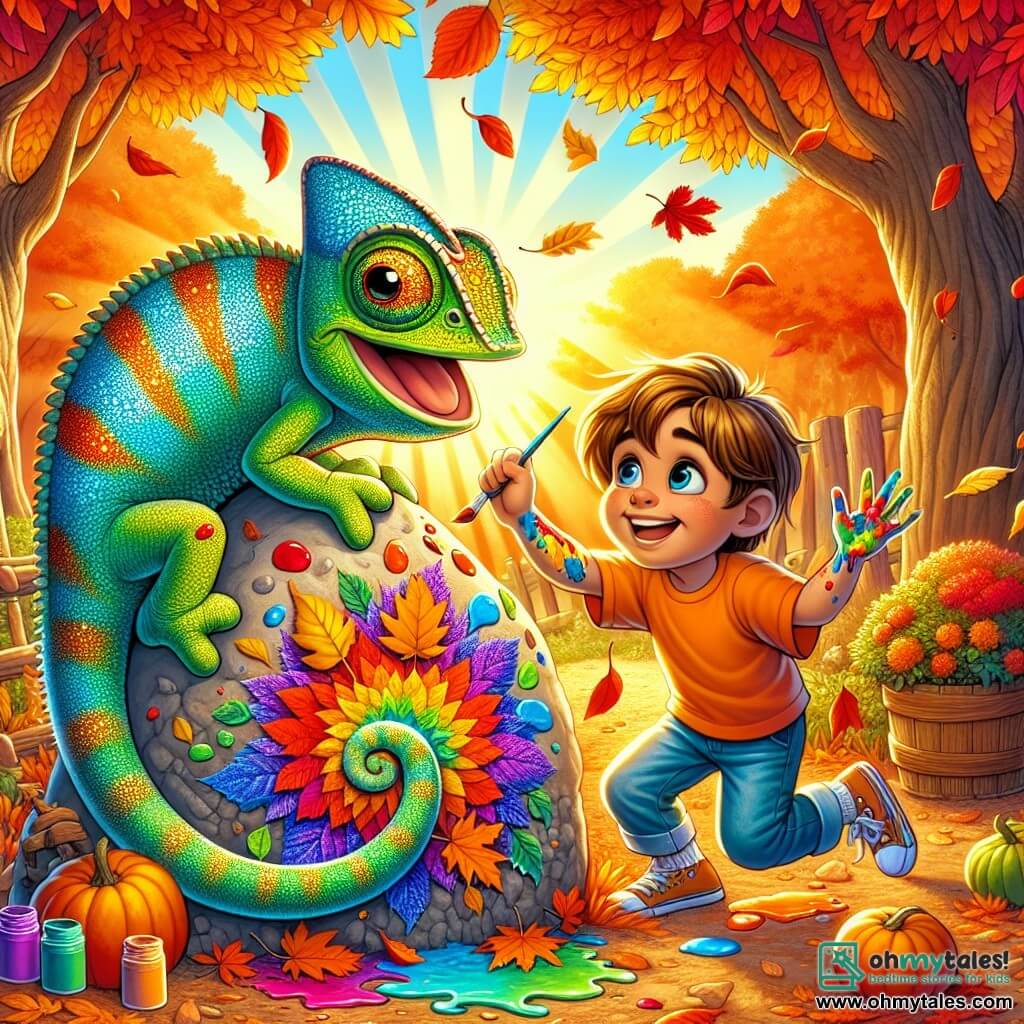 An illustration depicts a small chameleon with shimmering scales and bright colors, expressing great joy and wonder as it paints a colorful mural on a large smooth stone using autumn leaves to create vibrant patterns. Next to it, a boy with brown hair and sparkling eyes, wearing an orange t-shirt and denim shorts, watches in admiration, smiling with paint-covered hands, ready to add his personal touch to the artwork. In the background, an autumn forest unfolds with majestic trees displaying fiery red, orange, and yellow leaves, while sunlight filters through the branches, illuminating the scene with a warm golden light. The main focus shows the chameleon and the boy joyfully collaborating to create a piece of art that celebrates the beauty of autumn, surrounded by laughter and bright colors. Other graphic elements include falling leaves, decorative pumpkins, and curious villagers approaching to admire their work, adding a lively and friendly touch to the illustration.
