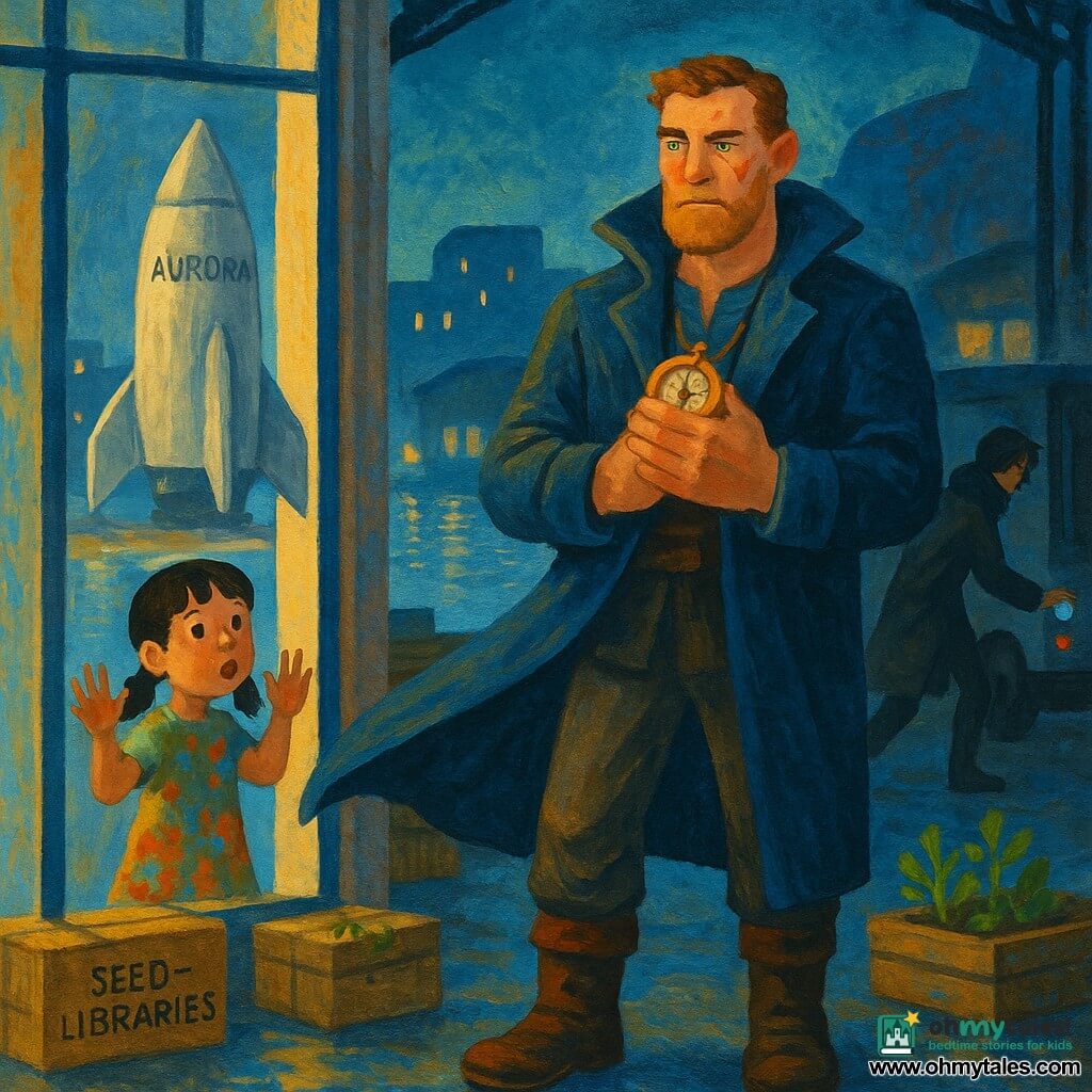 A tall, sturdy man, Captain Meridian, with a thin lightning-shaped scar, bright green eyes and a determined yet gentle expression, wearing a navy long coat that billows, worn boots and holding a small brass compass to his chest; an about-8-year-old girl, Mina, black pigtails and a paint-stained colorful dress, stands at the hangar window on the left with hands pressed to the glass, amazed by the shuttle; a cloaked stranger in a dark coat (young adult, masculine), agile silhouette and half-hidden face, hesitantly reaches toward a small shiny metal device on a dark van in the background; the waterfront hangar has open metal doors, cold blue and yellow lights reflecting on the wet floor, crates labeled "seed-libraries" and the silver shuttle Aurora centered and ready for takeoff with a small box-garden at the front; the scene captures a calm, hopeful confrontation as Meridian offers his hand and a peace device while the thief hesitates, set at night with city lights and shuttle glow; gouache style with visible textures, broad brushstrokes, saturated yet soft colors and warm/cool contrasts.