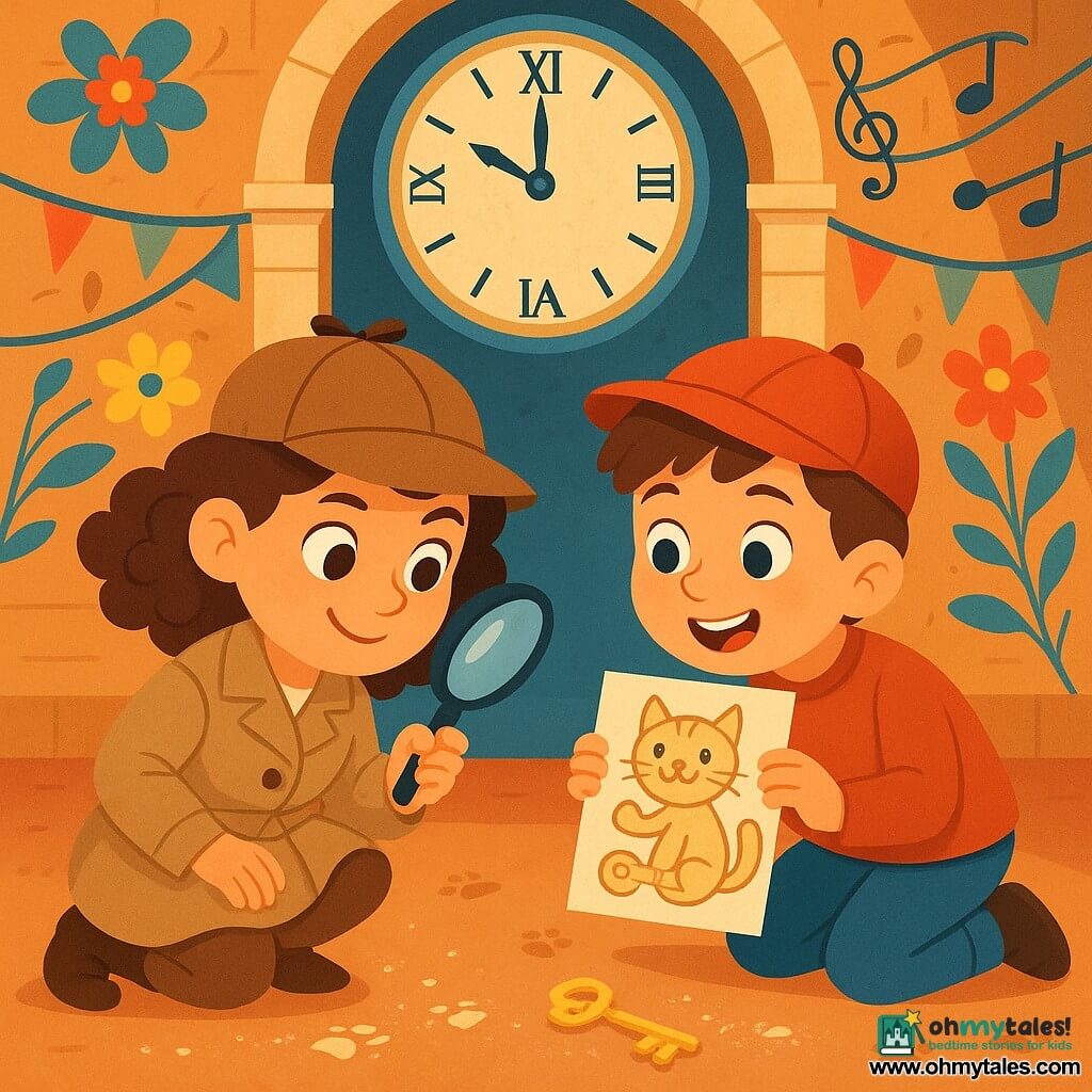 A young detective, Maya Finch, is a woman with curly brown hair, wearing a detective hat and holding a magnifying glass. She has a bright, curious look and a confident smile on her face. She is crouching, carefully examining the ground, surrounded by small cat paw prints and flour dust. Next to her, Pip, an 8-year-old boy, wears a small red hat and has sparkling eyes full of curiosity. He holds a drawing showing a cat playing with a key and leans toward Maya, looking enthusiastic and eager. The setting is a large room under a majestic bell tower, with walls adorned with colorful flowers and a large clock above them, frozen in time. Music garlands and shiny ribbons hang around the scene, while a light scent of warm bread fills the air. The main situation shows Maya discovering a golden key under the stage, while Pip shows her his drawing, revealing the mystery they are solving together. Their expressions illustrate the excitement and determination to solve the puzzle.