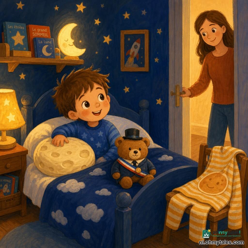 Milo is een 4-jarige jongen met grote heldere ogen, verwonderde glimlach en warrig bruin haar, zittend in bed terwijl hij drie keer knippert; zijn gestreepte pyjama op een stoel lijkt op een grote zachte gouden pannenkoek, zijn witte kussen is getekend als een rond, luchtig stuk kaas waarop Milo zijn hand legt, en zijn knuffelbeer is een "burgemeester" met ronde silhouet en klein hoedje op de deken naast hem; mama, een dertiger met los haar en een vriendelijke glimlach, staat in de deurpost met haar hand aan de handgreep en kijkt teder naar Milo; de kamer is gezellig en warm met nachtblauwe muren met geschilderde sterren, een geel vloerlampje dat een zacht halo werpt, een deken met wolkenmotief en een maan-nachtlampje; hoofdscène: speels en kalm naar-bed-gaan — Milo knippert en ziet zijn pyjama als pannenkoek, zijn kussen als kaas en zijn beer als burgemeester, met zachte pasteltinten, zichtbare gouachetexturen, gedimd licht en een geruststellende sfeer.