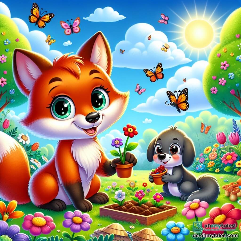 Ein kleiner roter Fuchs namens Felix, mit glänzendem Fell und neugierigen Augen, pflanzt Blumenkerne in einem sonnigen Garten. Er lächelt begeistert und stolz. Neben ihm hält ein schelmisches Eichhörnchen mit grauem Fell und buschigem Schwanz eine kleine Schale mit Beeren und schaut Felix bewundernd und fröhlich an. Im Hintergrund beobachtet ein freundlicher Dachs mit schwarz-weißem Fell die Szene, die Pfoten verschränkt und mit einem ermutigenden, stolzen Ausdruck. Der Garten ist voller bunter Blumen, schwirrender Schmetterlinge und grüner Bäume, unter einem klaren blauen Himmel mit flauschigen weißen Wolken. Die Szene strahlt eine fröhliche, frühlingshafte Atmosphäre aus und symbolisiert die Magie der erwachenden Natur.