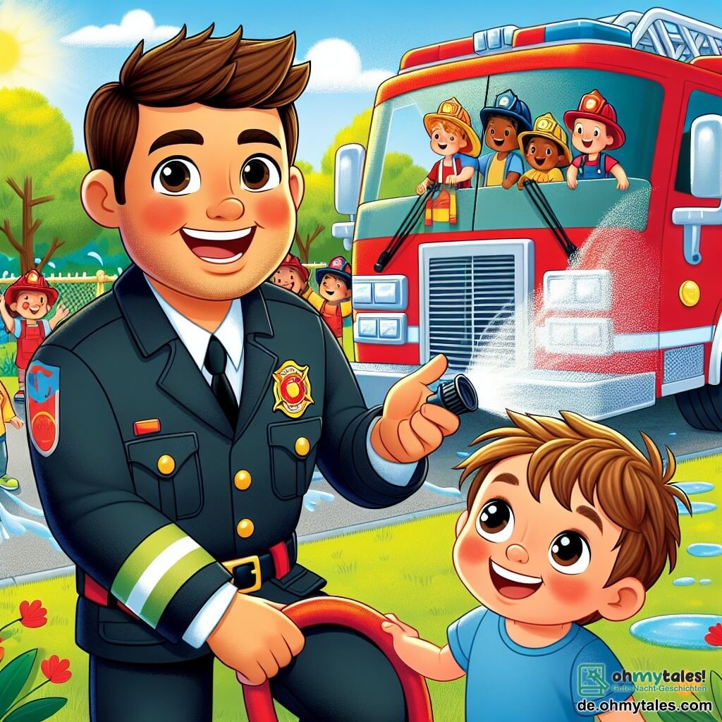 Ein Feuerwehrmann namens Max wird mit einem breiten Lächeln dargestellt, trägt eine leuchtend rote Uniform und einen glänzenden Helm. Er hat braune Haare und einen gut gestutzten Bart und zeigt stolz ein großes Feuerwehrauto den Kindern. Neben ihm schaut ein kleiner Junge namens Tim, 7 Jahre alt, mit zerzausten blonden Haaren und einem blauen T-Shirt, fasziniert auf das Auto und ist bereit, die große Leiter zu erklimmen. Hinter ihnen spielt eine Gruppe lächelnder Kinder unterschiedlichen Alters mit einem Gartenschlauch und spritzt lachend Wasser. Die Szene findet in einem sonnigen Park mit üppigen grünen Bäumen und bunten Blumen statt, was eine fröhliche und einladende Atmosphäre schafft. In dieser Illustration erklärt Max den Kindern die Bedeutung des Brandschutzes, während Tim, voller Begeisterung, sich darauf vorbereitet, auf das Feuerwehrauto zu klettern, was Lernen und Mut symbolisiert.