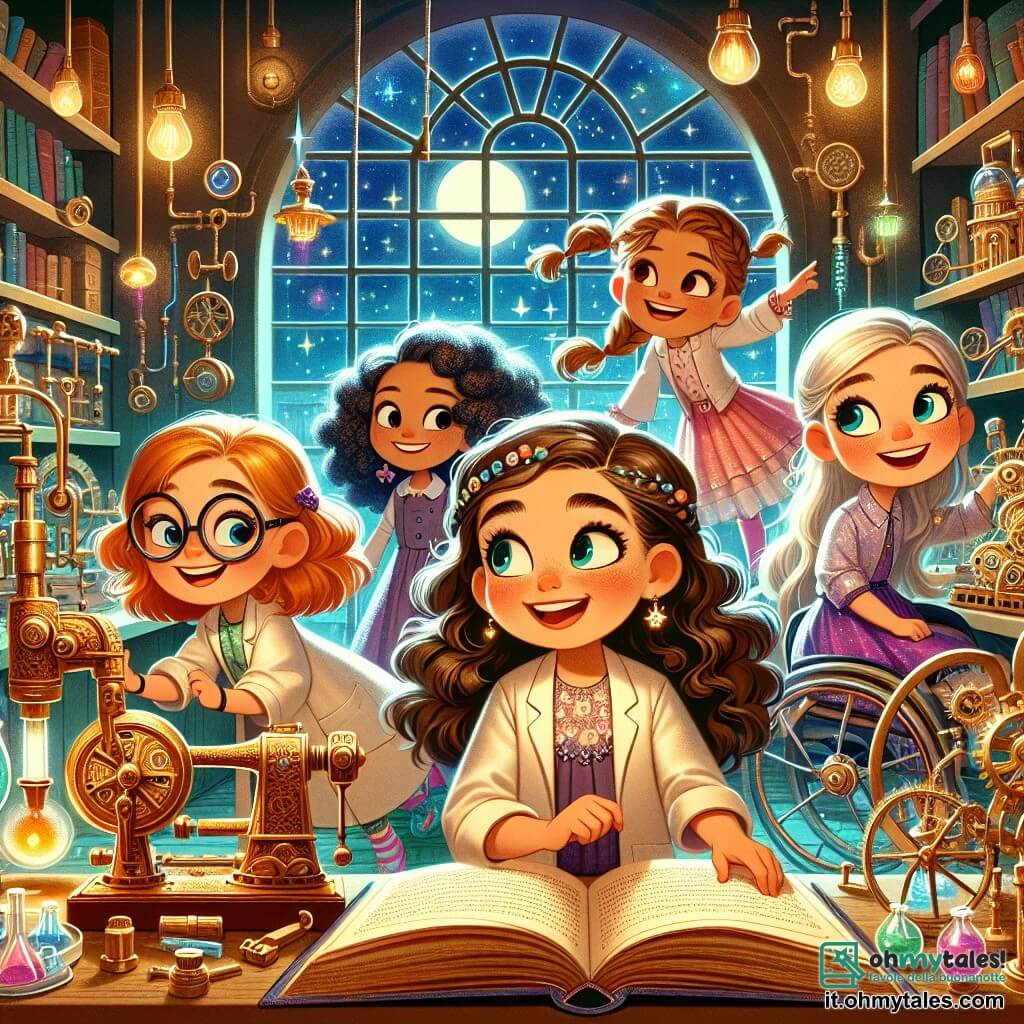 Quattro ragazze di dieci anni si trovano insieme in un laboratorio magico. Livia, con i suoi capelli ricci e il sorriso splendente, indossa un camice da scienziata e danza felicemente. Clara, con gli occhiali rotondi e i capelli intrecciati, osserva un antico libro con occhi pieni di curiosità. Sofia, con le scarpe luminose e i capelli lisci, si avvicina a un robot di metallo di nome Gigi, che brilla di mille luci. Infine, Marta, sorridente e determinata, è seduta sulla sua sedia a rotelle, circondata da gadget strani, pronta a risolvere enigmi. Il laboratorio è un luogo incantevole, pieno di strumenti colorati, libri antichi e macchine ronzanti. Le ragazze scoprono un antico codice segreto in un libro che promette di rivelare una tecnologia magica e sono pronte a partire per un'avventura alla ricerca del Cuore di AnticaTecnologia, un cristallo misterioso che può cambiare il mondo.