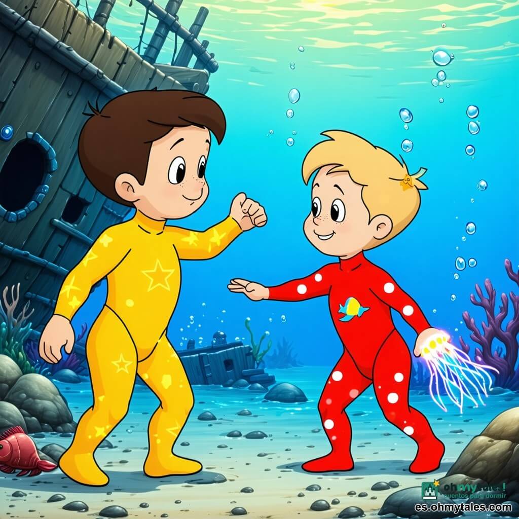 Dos niños de 4 años: uno de pelo castaño corto y ojos curiosos, con traje de buceo amarillo con estrellas, sostiene la mano del otro y nada a la izquierda del barco hundido mirando a un pez azul a rayas; el otro, de pelo rubio rizado y gran sonrisa, lleva un traje rojo con lunares blancos, está a la derecha del casco y extiende la mano hacia una medusa luminosa sin tocarla. Fondo marino claro y tranquilo, arena dorada y una vieja embarcación de madera en el centro entre algas verdes, bancos de peces coloridos, burbujas y rayos de luz filtrados. Situación: exploran la barca sumergida y colocan una pequeña carta sobre una piedra ante la puerta del cascarón; un cangrejo rojo vigila en la proa y una medusa brillante flota junto a la carta; ambiente suave, colores vivos y expresiones maravilladas.