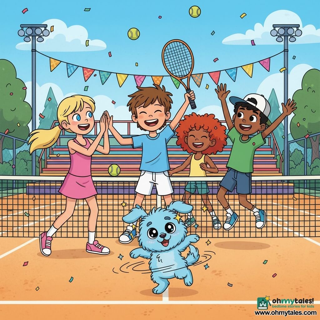 There are five characters: Leo, about 10, messy brown hair and a shy smile in a light blue T‑shirt and white shorts standing center court with a raised racket, excited; Mia, about 9, long blonde ponytail in a pink sports dress to Leo’s left clapping; Ben, about 10, short black hair in a green T‑shirt and backward cap to Leo’s right jumping with one hand up; Ella, about 9, curly red hair in a yellow tank top slightly behind Leo laughing and high‑fiving Mia; and Ace, a small male magical dog with fluffy sky‑blue fur and sparkling big eyes in the foreground on his hind legs dancing joyfully. Location: outdoor tennis court with a light ochre surface, crisp white lines, a dark green net, colorful wooden stands, a blue sky with soft clouds, stylized green trees and a multicolored festive banner overhead. Main scene: the team celebrates a tight match with movement, laughter, falling confetti, flying tennis balls and small drawn stars around Ace to show magic; bright contrasting palette, clean outlines, joyful energetic mood.
