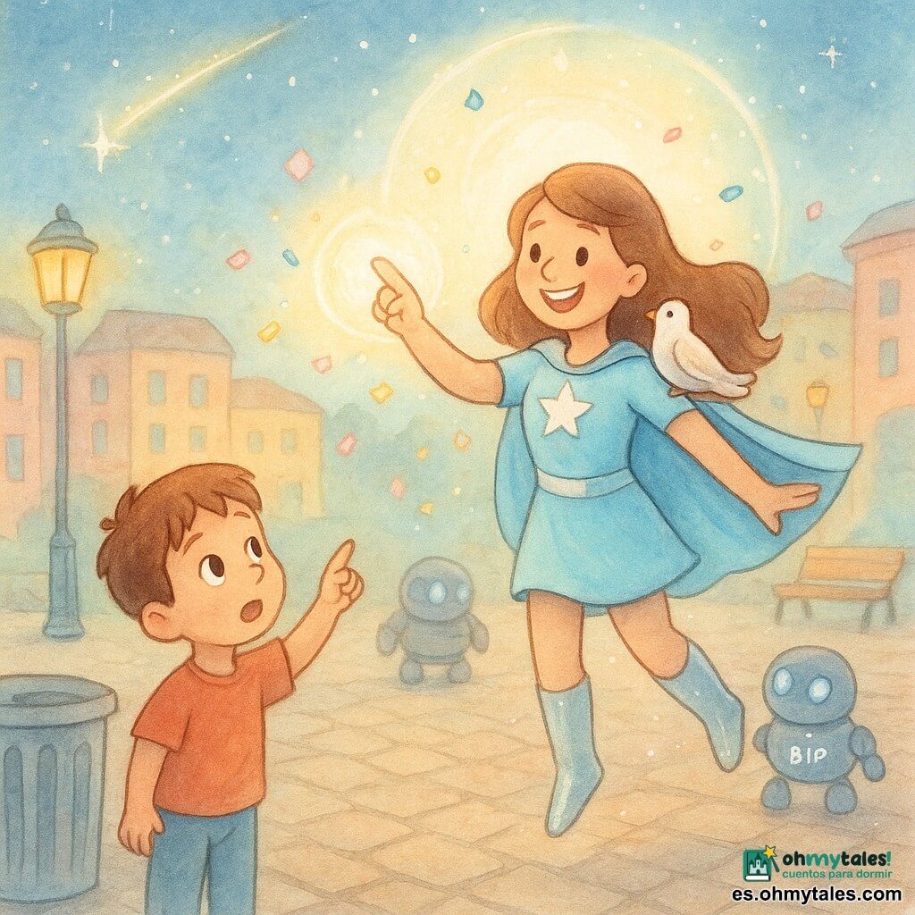 Una mujer superhéroe, Luma Rayo, alta y sonriente con capa azul celeste, botas plateadas y brazalete luminoso, salta con los brazos extendidos formando una gran burbuja de luz que atrae confeti; un niño de unos 6 años, cabello castaño corto y rostro asombrado, la señala desde el primer plano a la izquierda junto a un cubo de basura; una paloma blanca está en su hombro derecho; detrás, dos pequeños robots de limpieza grises con ojos LED azules cobran vida en la plaza empedrada, iluminada por farolas cálidas, con bancos y edificios coloridos de fondo y un tren de estrellas en el cielo; la escena, en tonos pastel y texturas acuarela con toques de gel blanco, muestra movimiento circular, destellos suaves y una atmósfera limpia y amable.